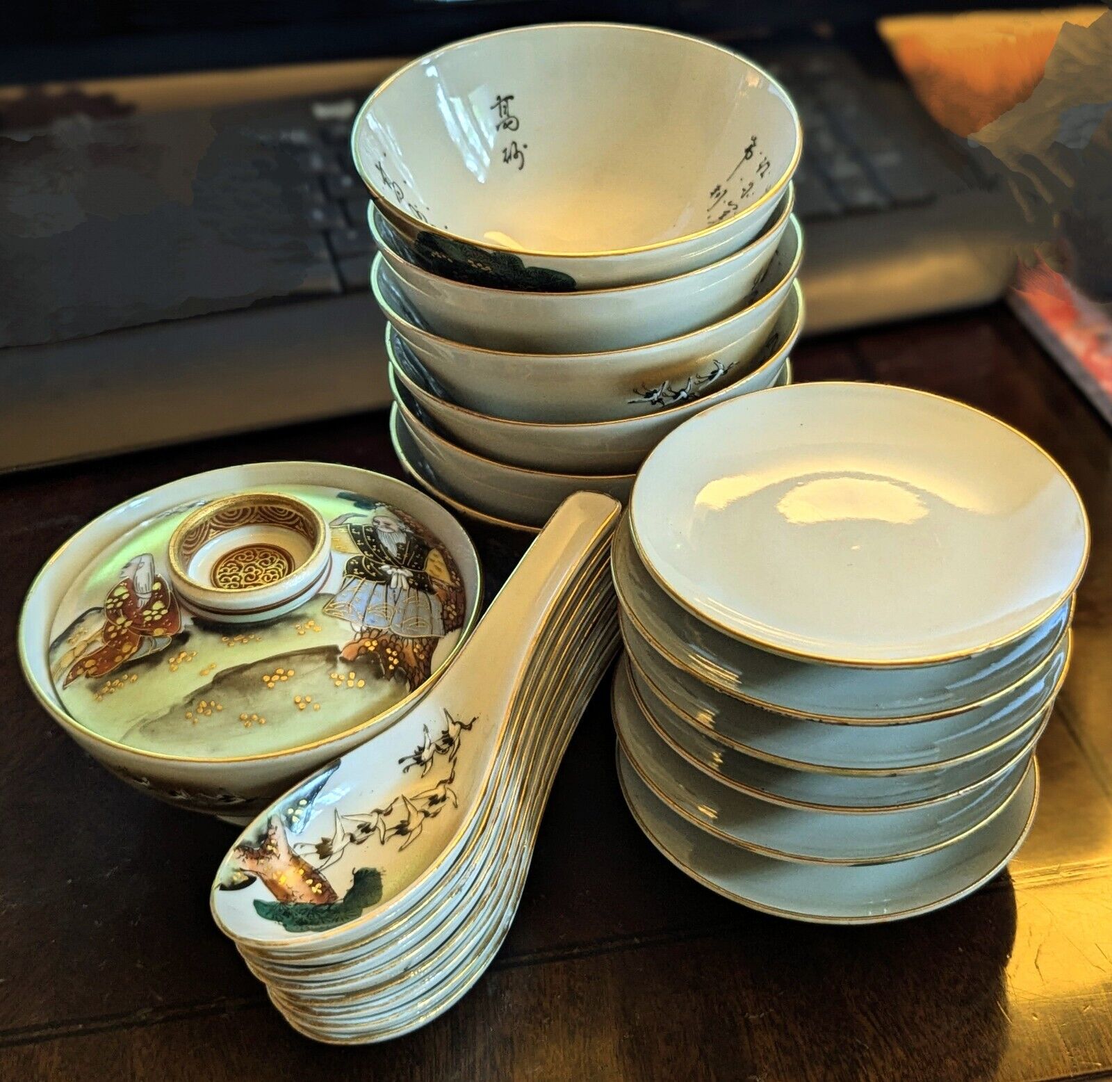 Vtg Set Of 7 Japanese Kutani Samurai Hand-Painted Porcelain Bowls w/ Lids Spoons