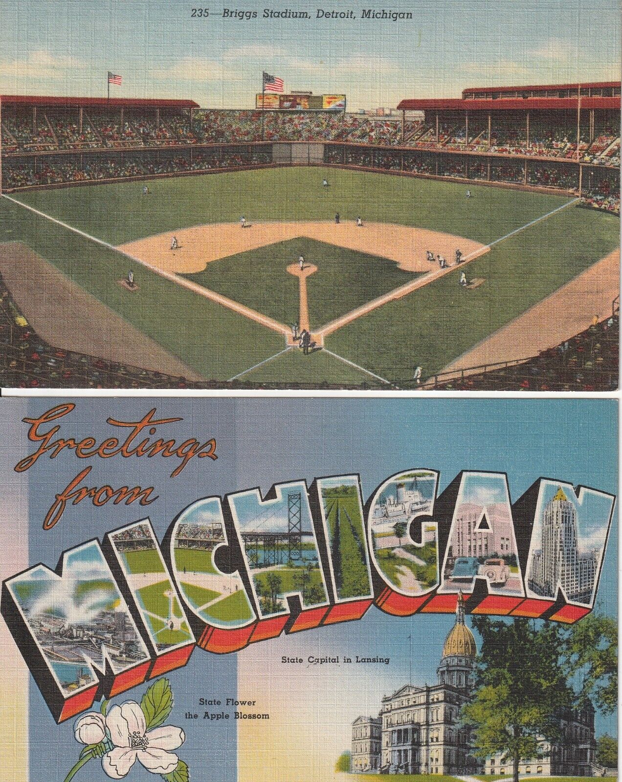 (2) Detroit Tigers Baseball Lions Football Briggs Stadium Linen Era Postcards