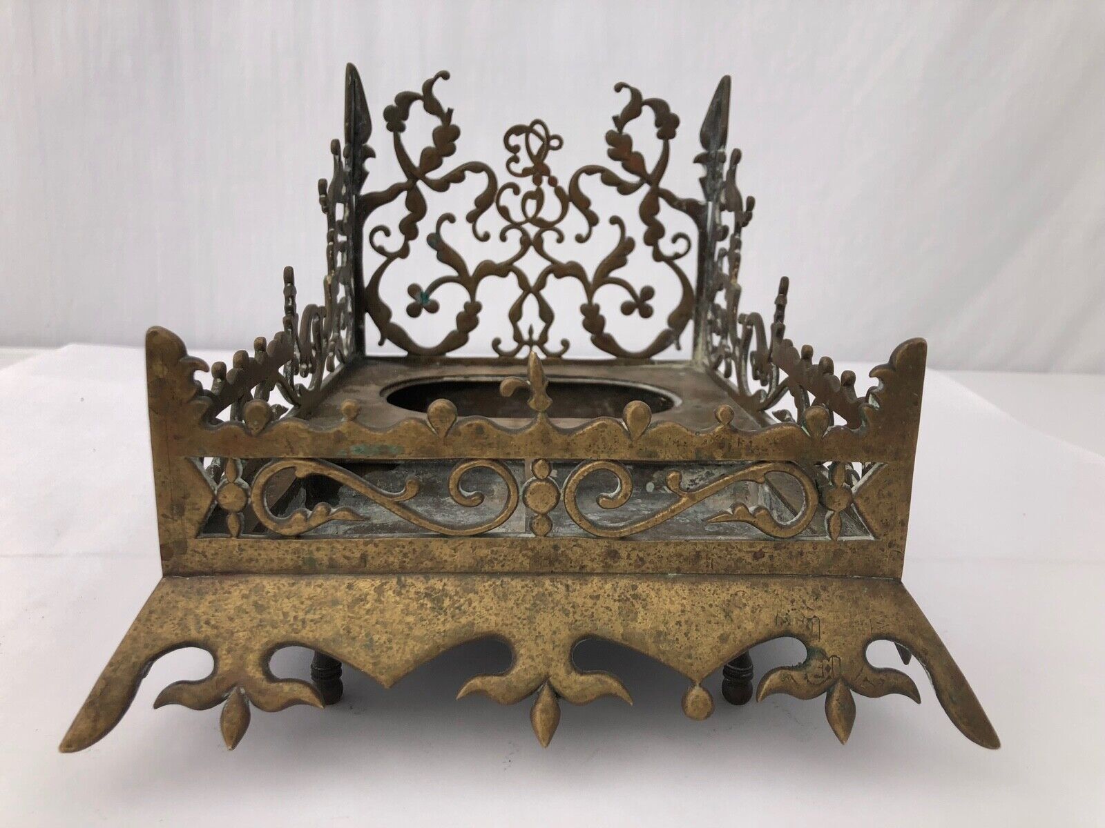 Intricately Crafted Brass Desk Inkwell Stand, Italian Dated August 18, 1911