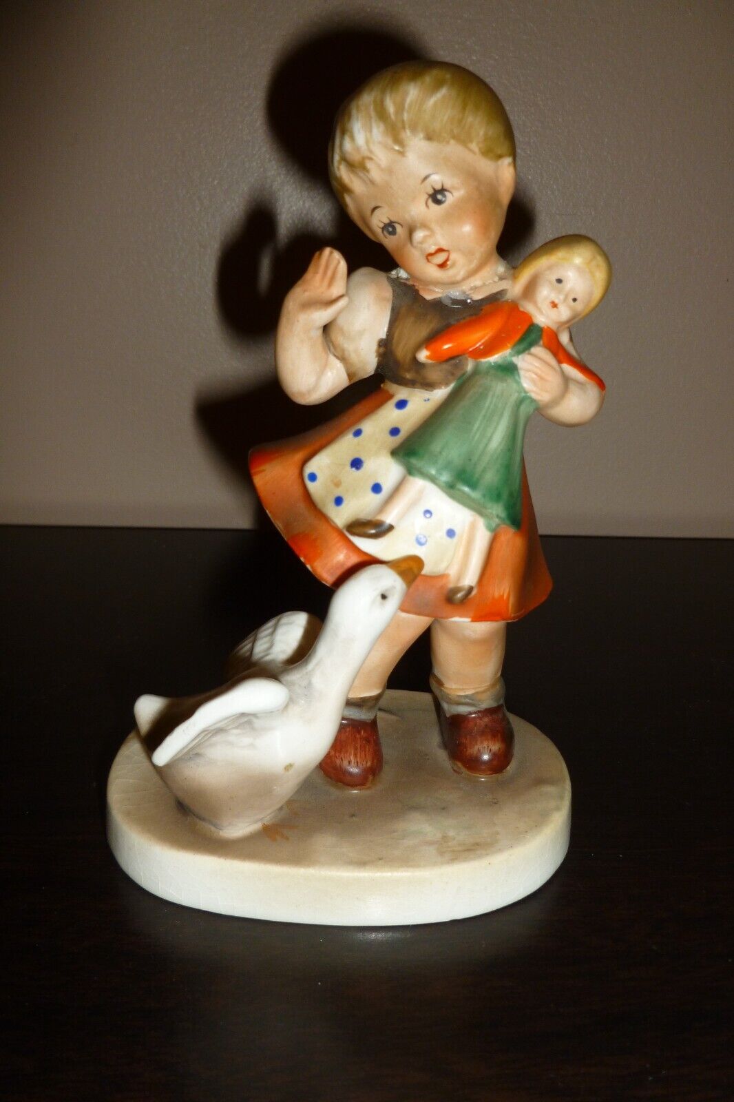 Erich Stauffer figurine Girl with Doll Afraid of a  Goose
