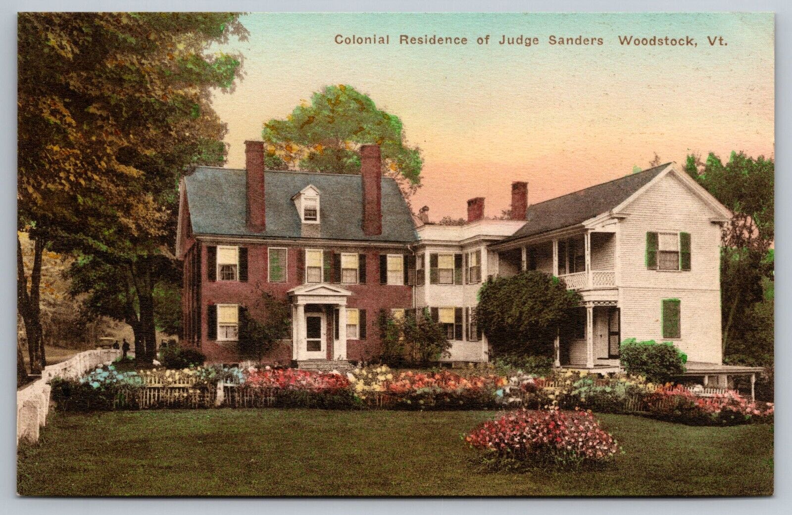 Colonial Residence of Judge Sanders. Woodstock Vermont Hand Colored Postcard