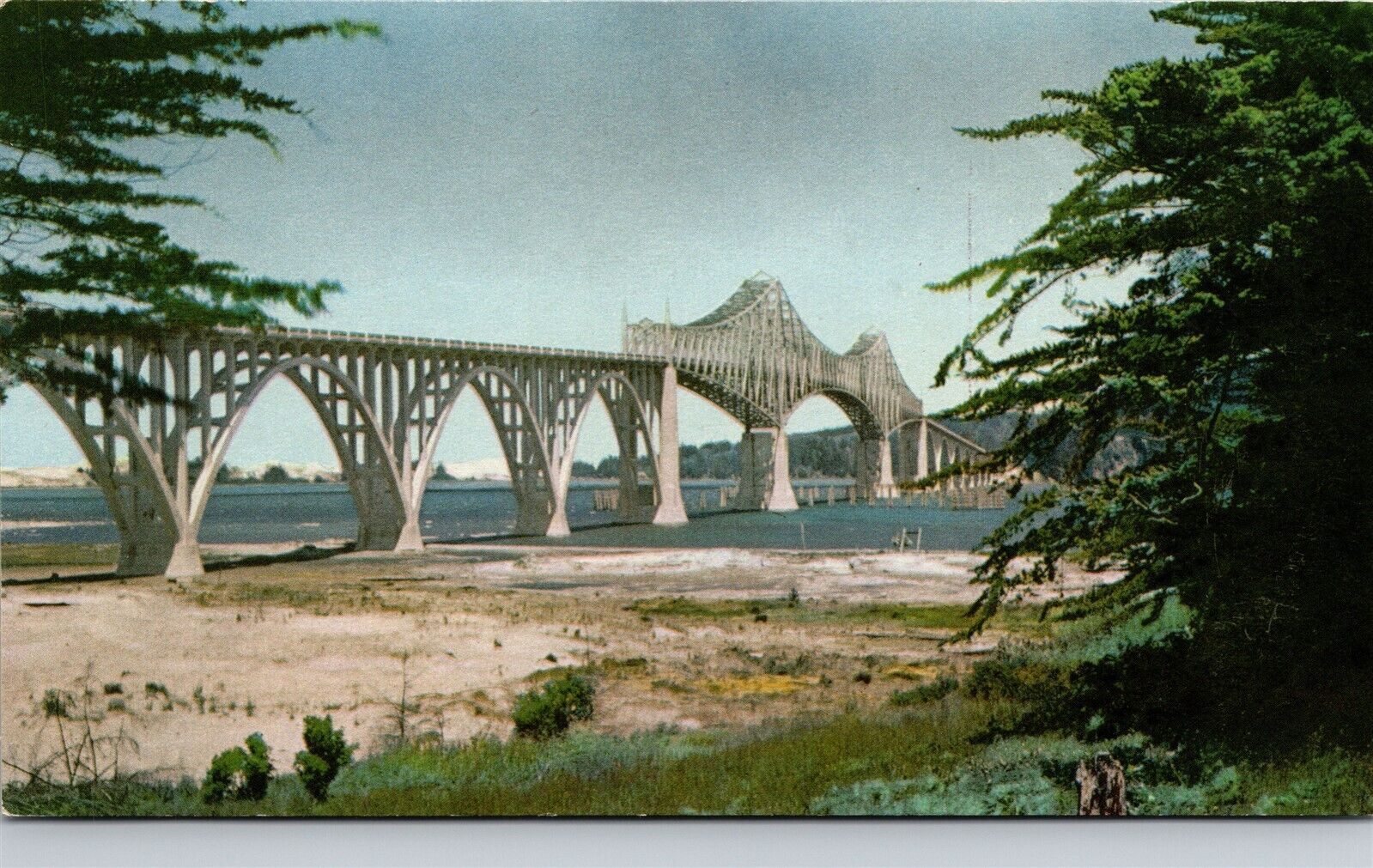 Marshfield OR Coos Bay Bridge Highway 101 Union Oil 76 Ad Vtg Postcard View 1939