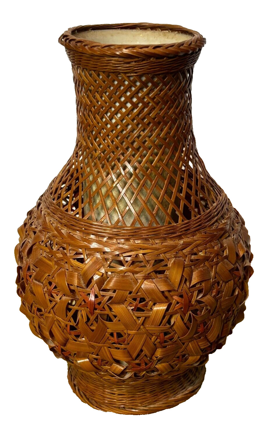 Vintage Mid Century 60s 70s Woven Boho Wicker Bamboo Rattan Ceramic Lined Vase