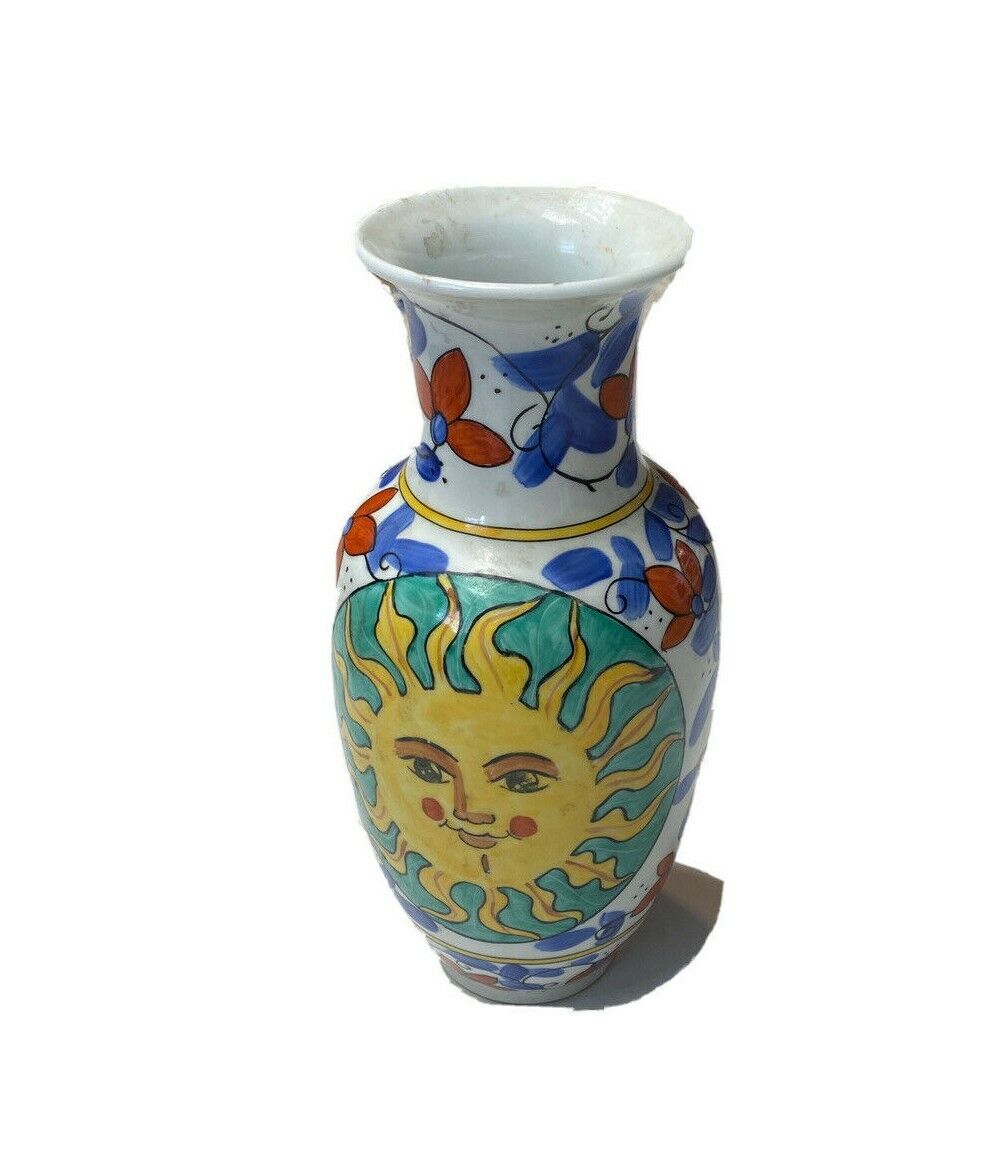 Vintage 60s Sunburst Vase Hand Painted Pottery Ceramic Blue Yellow World Bank