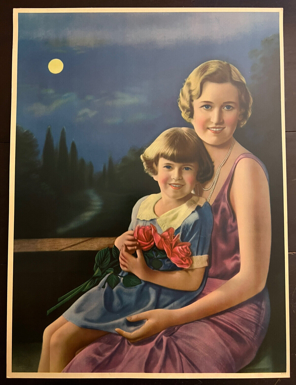 1920s Calendar Sales Sample Print. Mother daughter Moonlight 15 x 20 Rich Colors