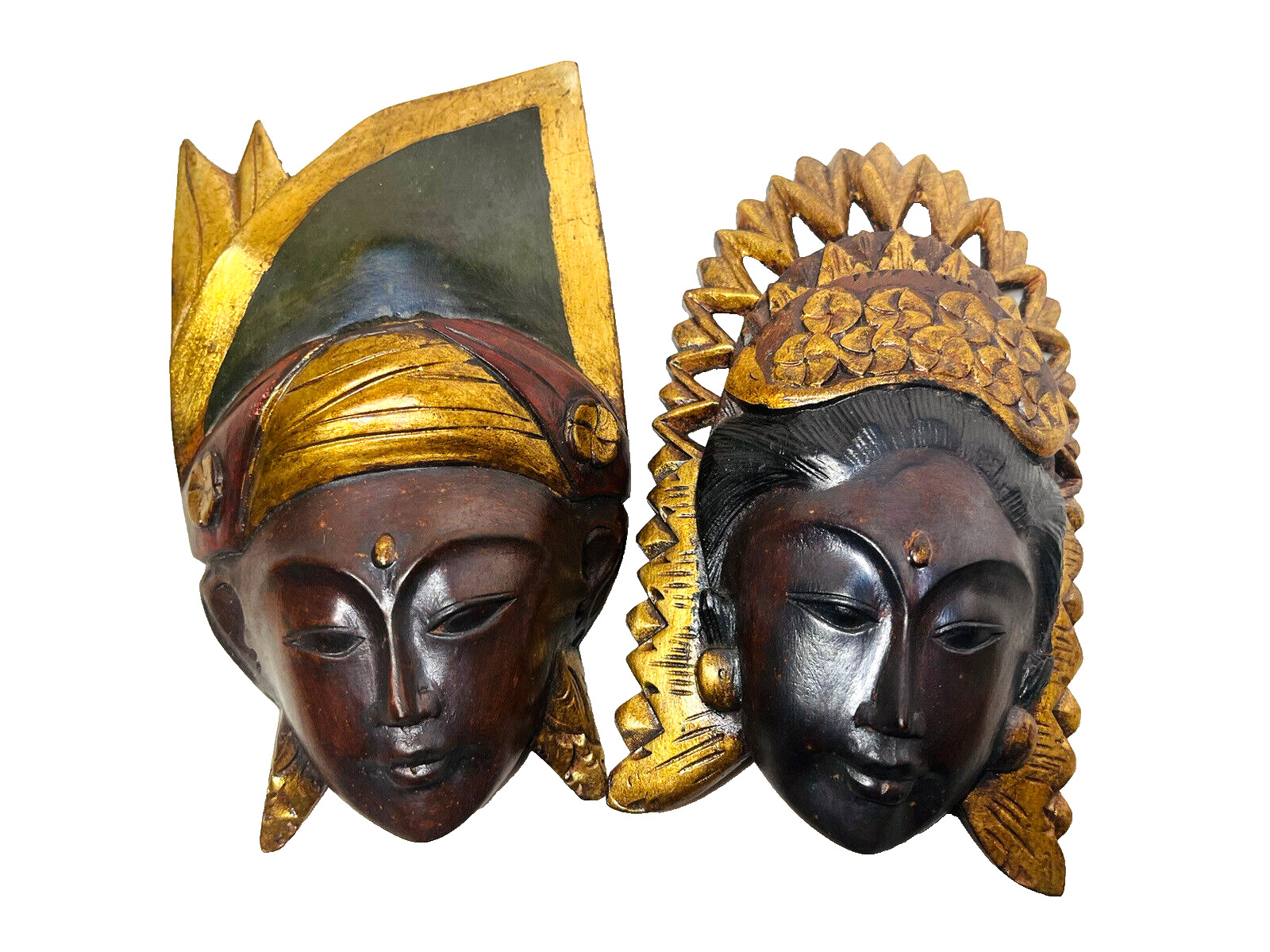 Balinese Man Woman Faces Carved Wood Masks BALI Wall Art Sculpture￼ 7-in 2 pcs