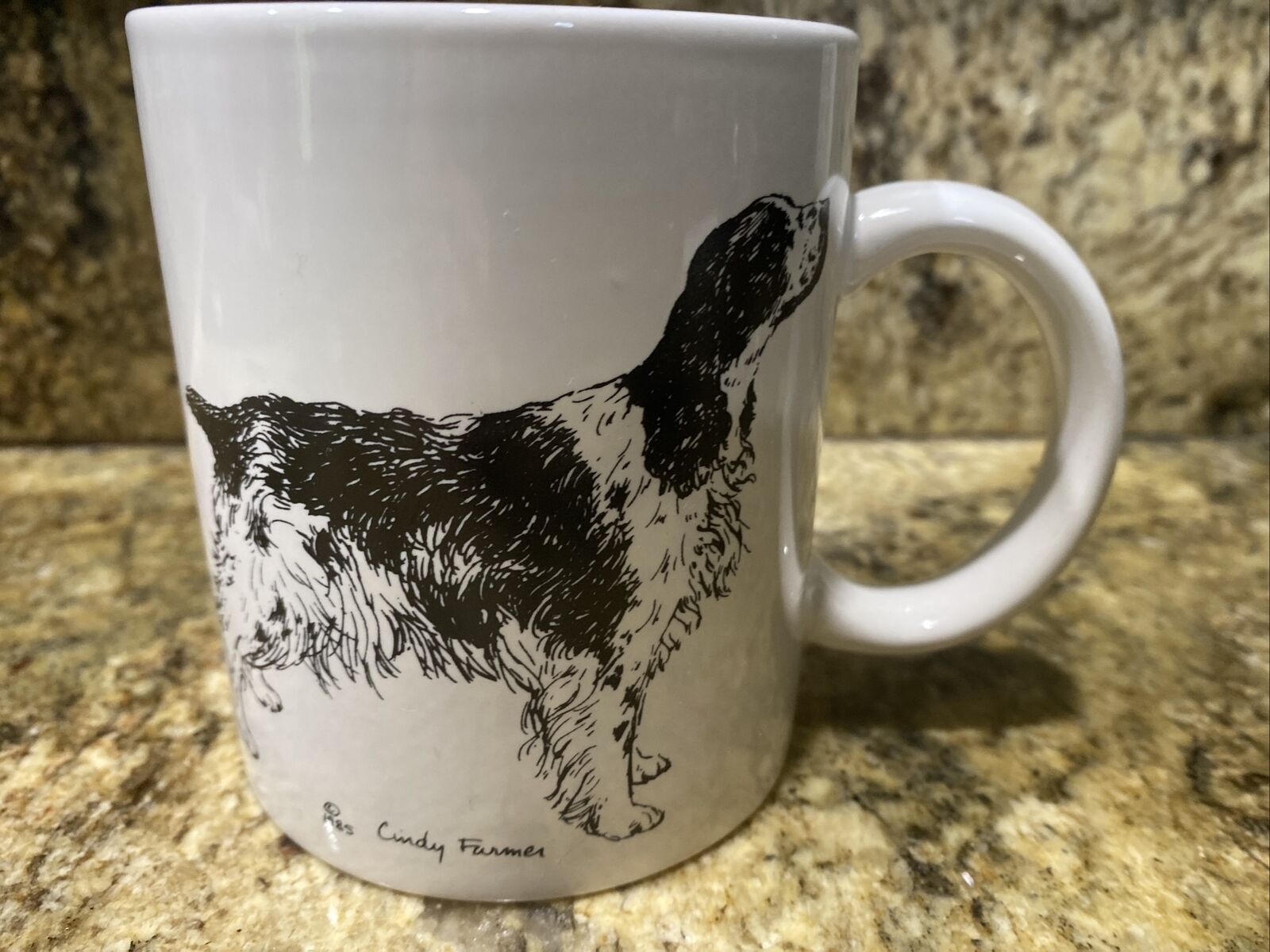 Vintage Cindy Farmer 1985 Spaniel Coffee Mug white mug with black accent