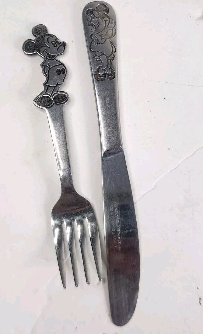 Vintage Walt Disney Stainless Steel Fork & Knife Silverware Mickey & Minnie