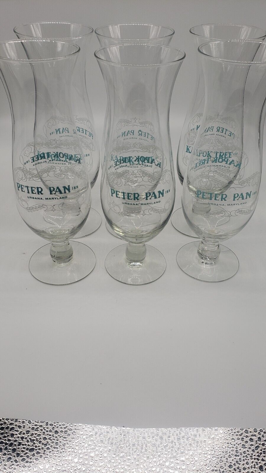Vintage Kapok Tree Inn/ Peter Pan Inn Hurricane Glasses Set Of Six.
