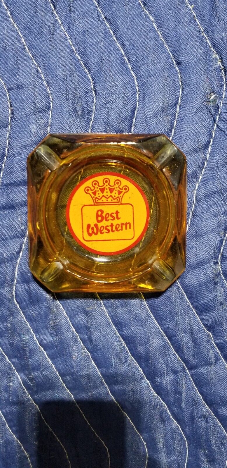 VINTAGE BEST WESTERN MOTEL GLASS ASHTRAY YELLOW RED CROWN