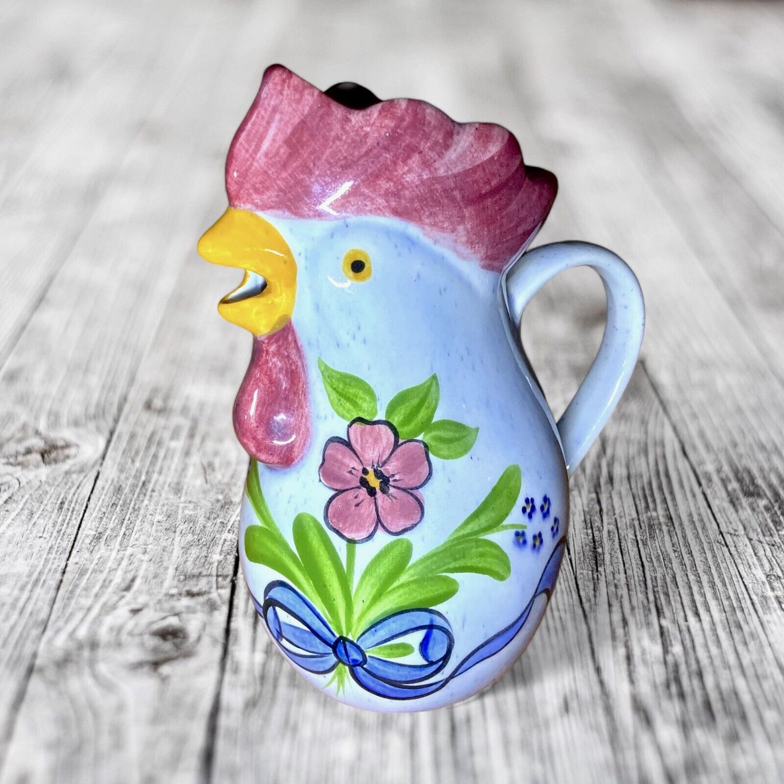 Vintage N.S. Gustin Pottery Ceramic Hand Painted Floral Rooster Creamer/Pitcher