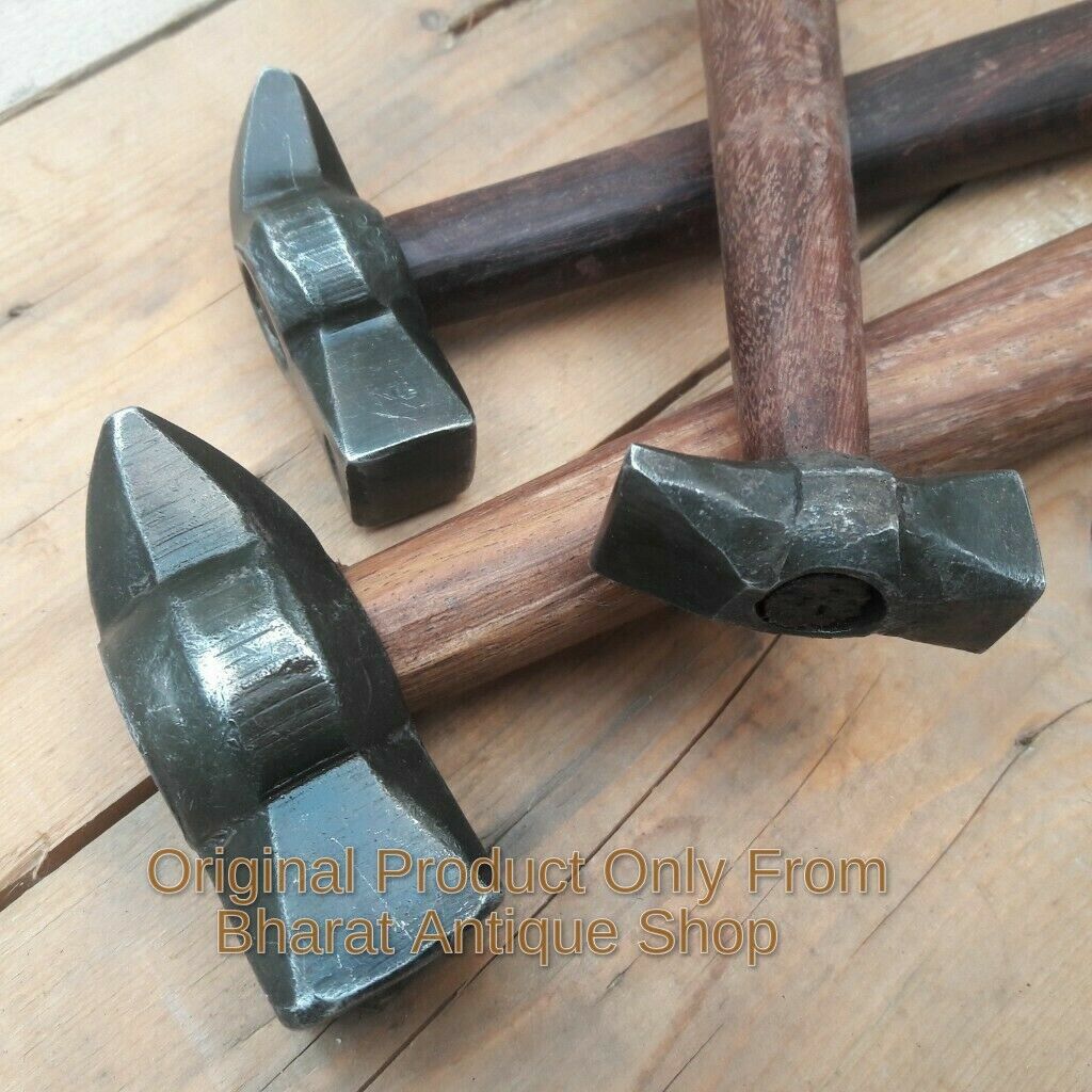 Set of 3 Black Iron Hammer Blacksmith Wooden Handle Collectible