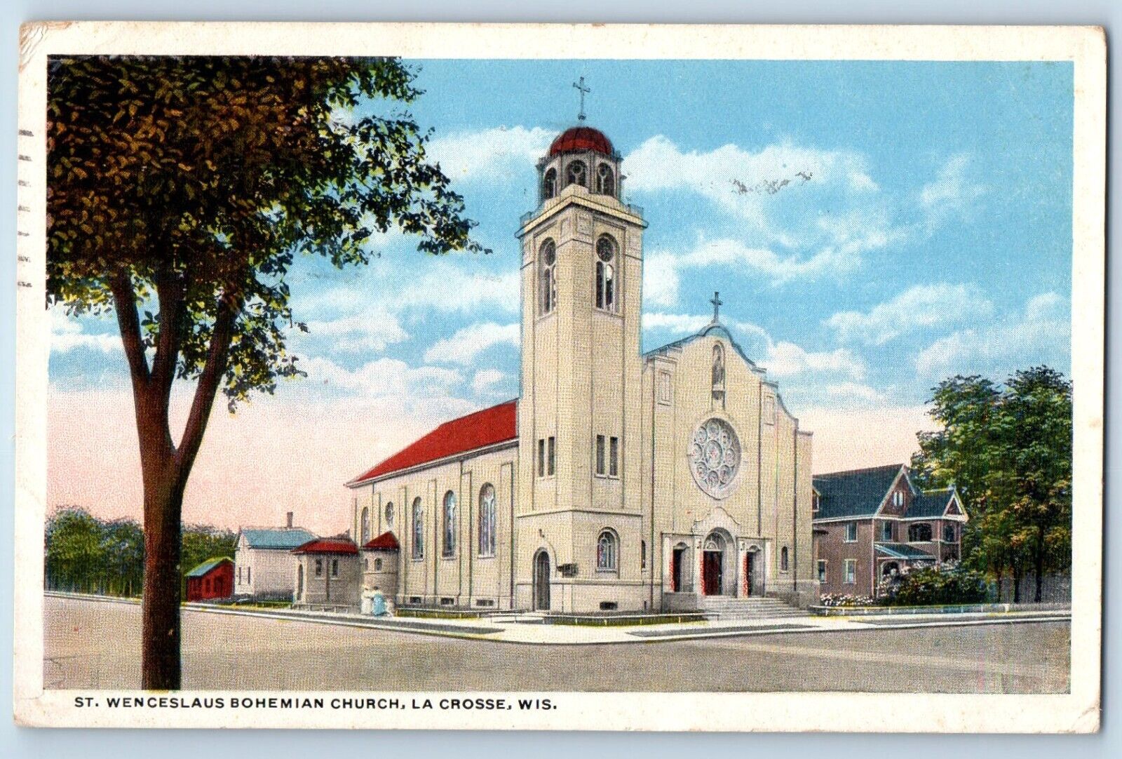 La Crosse Wisconsin Postcard St Wenceslaus Bohemian Church Building Trees 1923