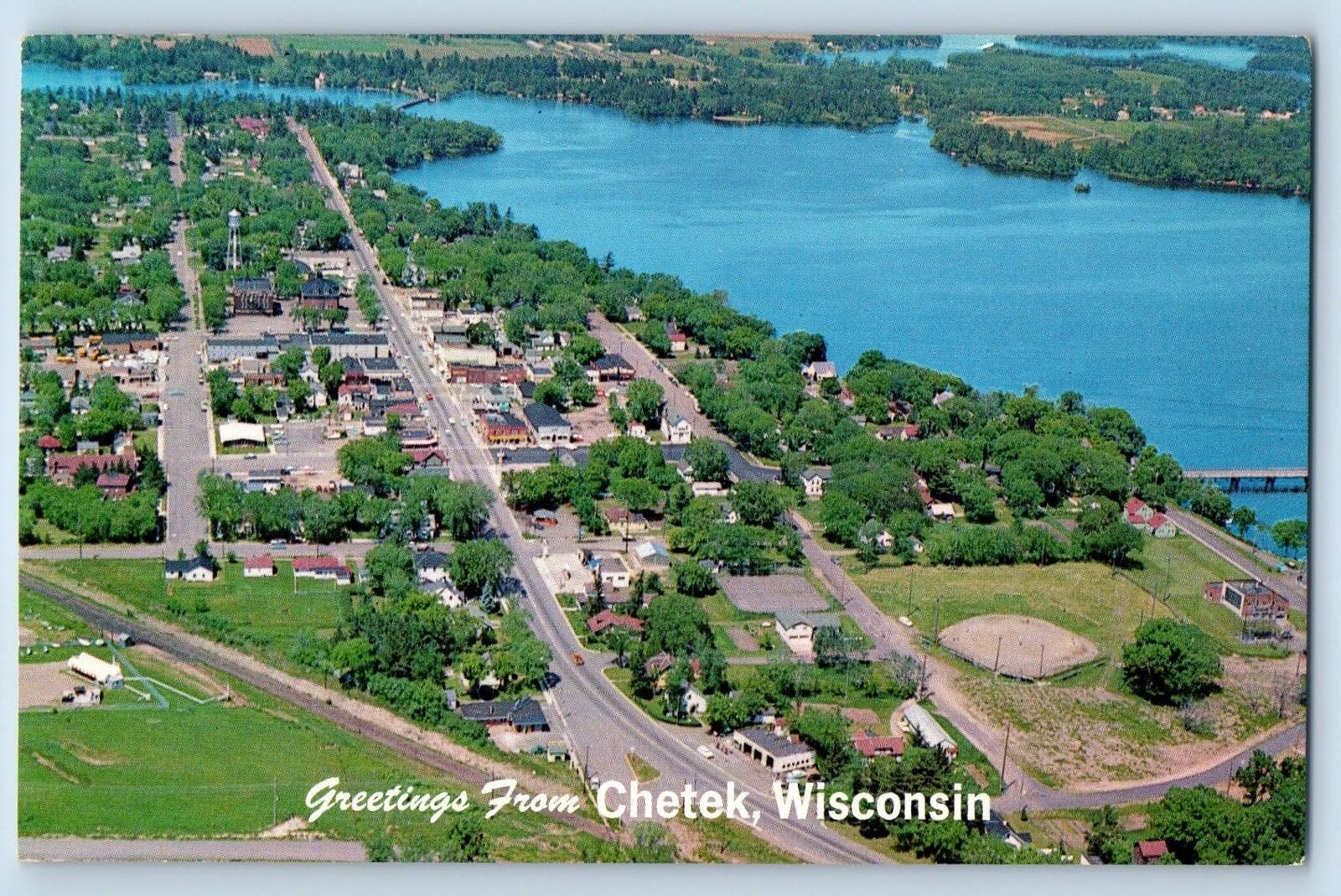 Chetek Wisconsin WI Postcard Greetings Bird's Eye View City Of Lakes c1960's