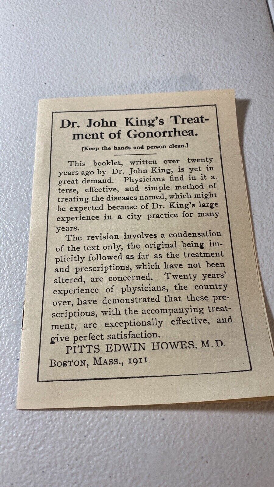 1911 Dr. John King’s Treatment Of Gonorrhea 8 Page Pamphlet