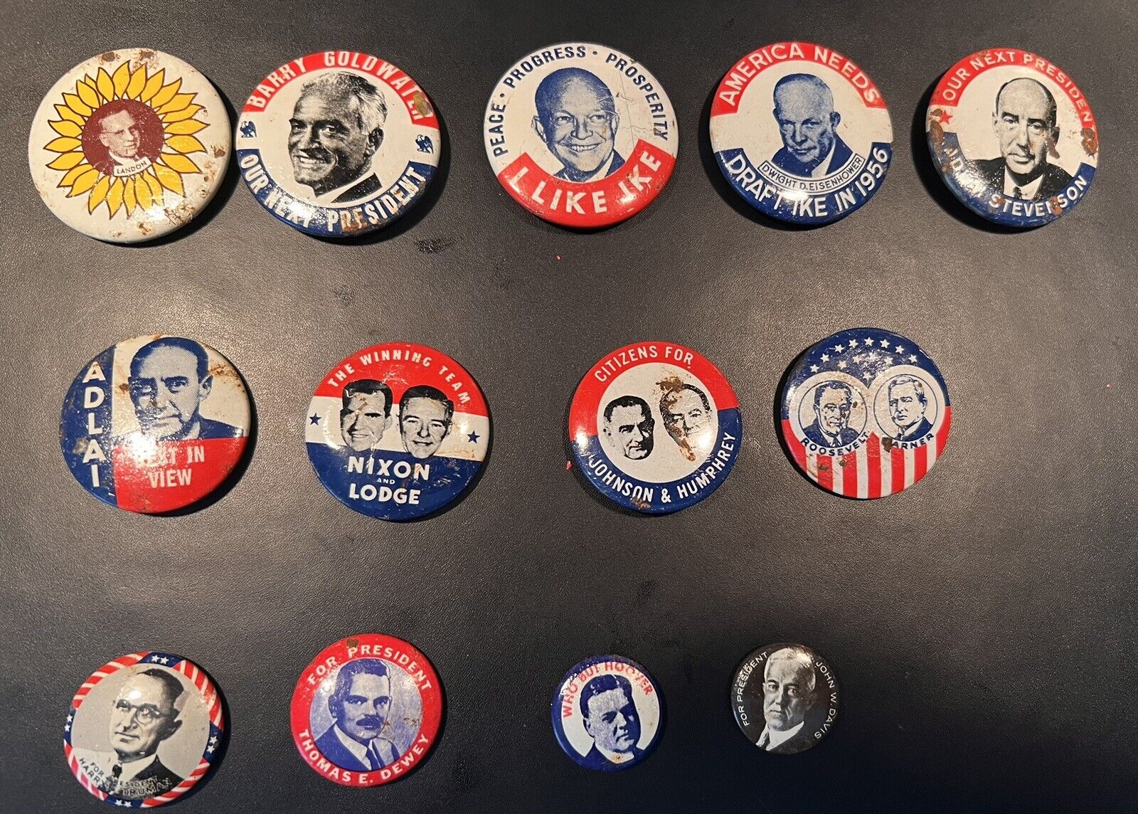 Presidential Campaign Buttons Vintage- Landon, Nixon, Johnson Truman, Etc 13 Pc