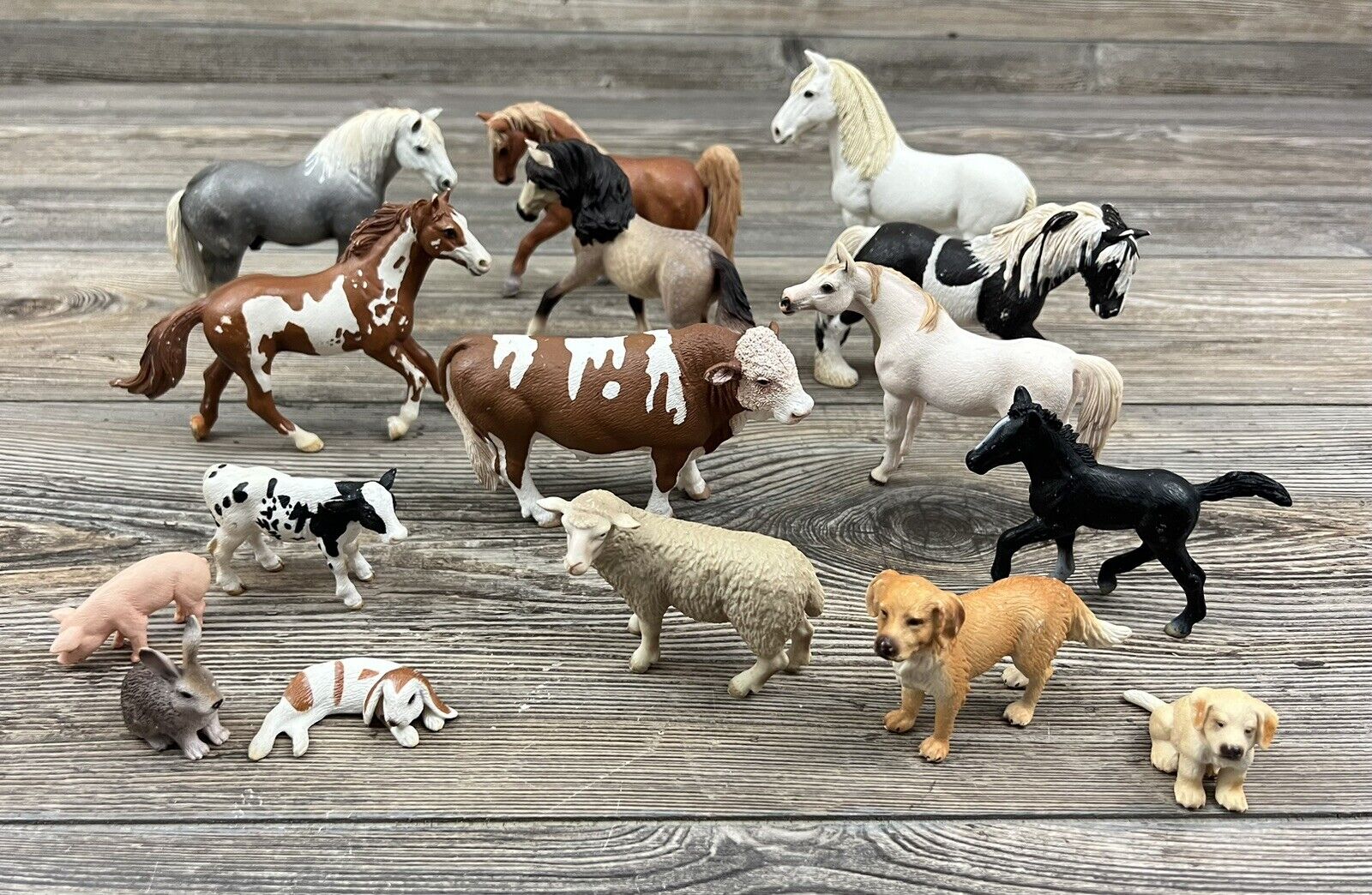 Lot Of 16 SCHLEICH Domestic Farm Animals Collectible Toys Horses, Cows, Pigs +