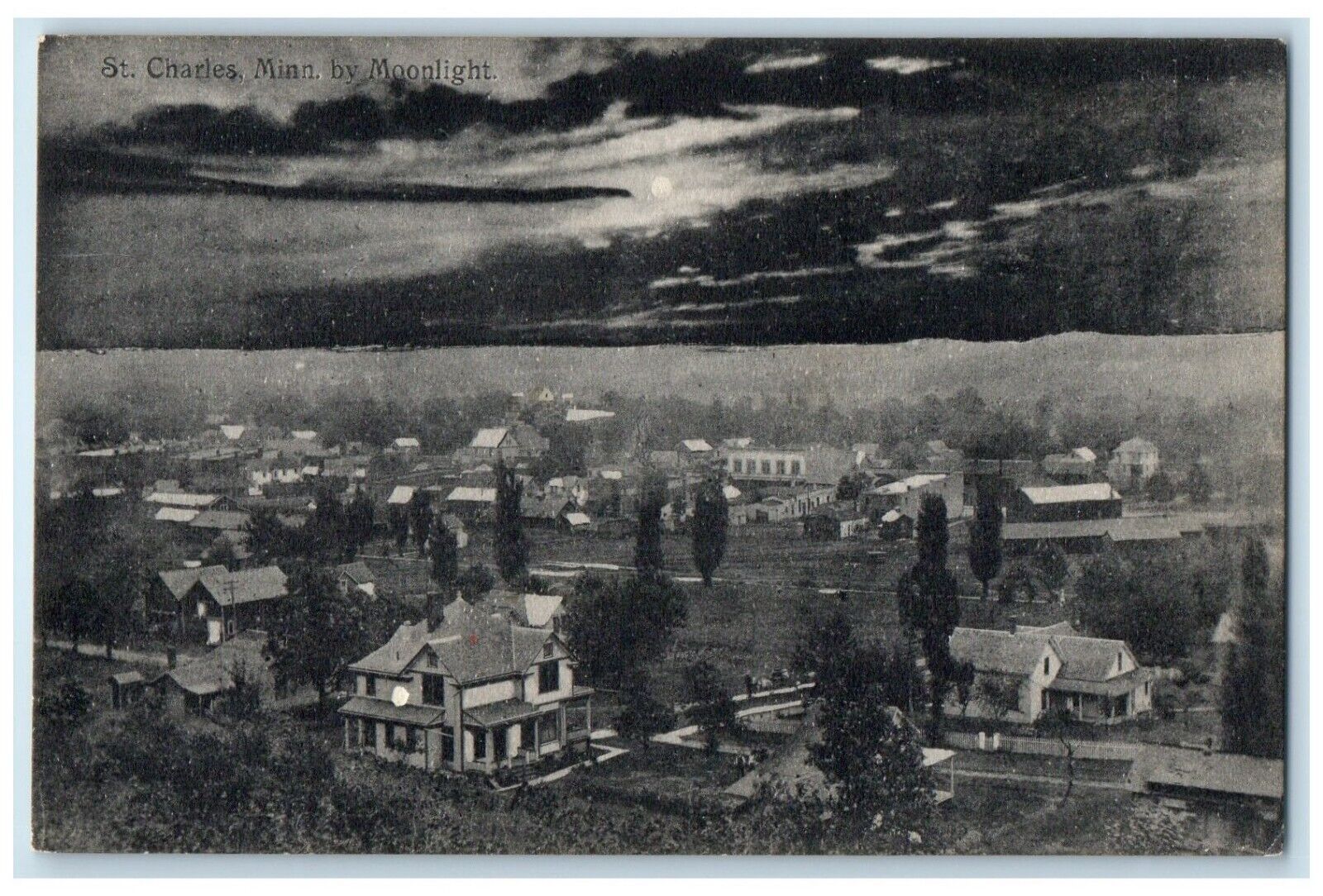 c1910 Aerial View Night Moonlight St. Charles Minnesota Vintage Antique Postcard