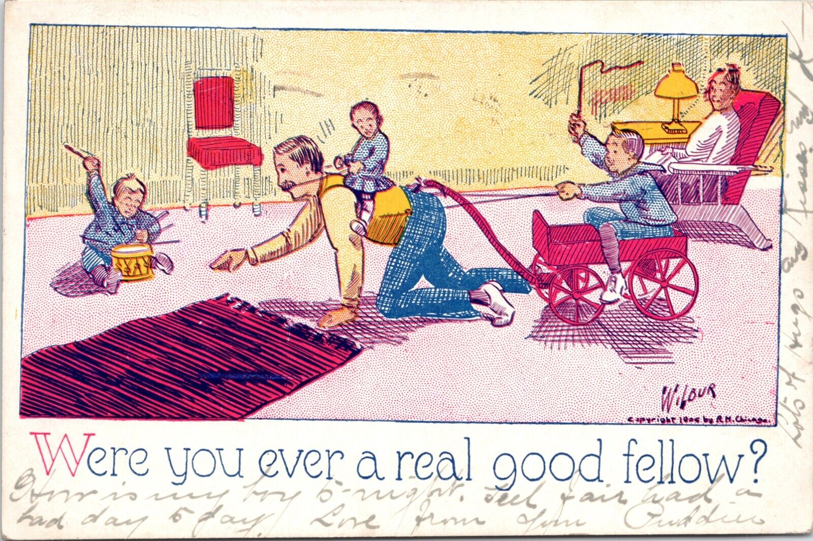 C.1906 Comic REAL GOOD FELLOW Dad Wagon Drum Family Humor W Lour Postcard A132