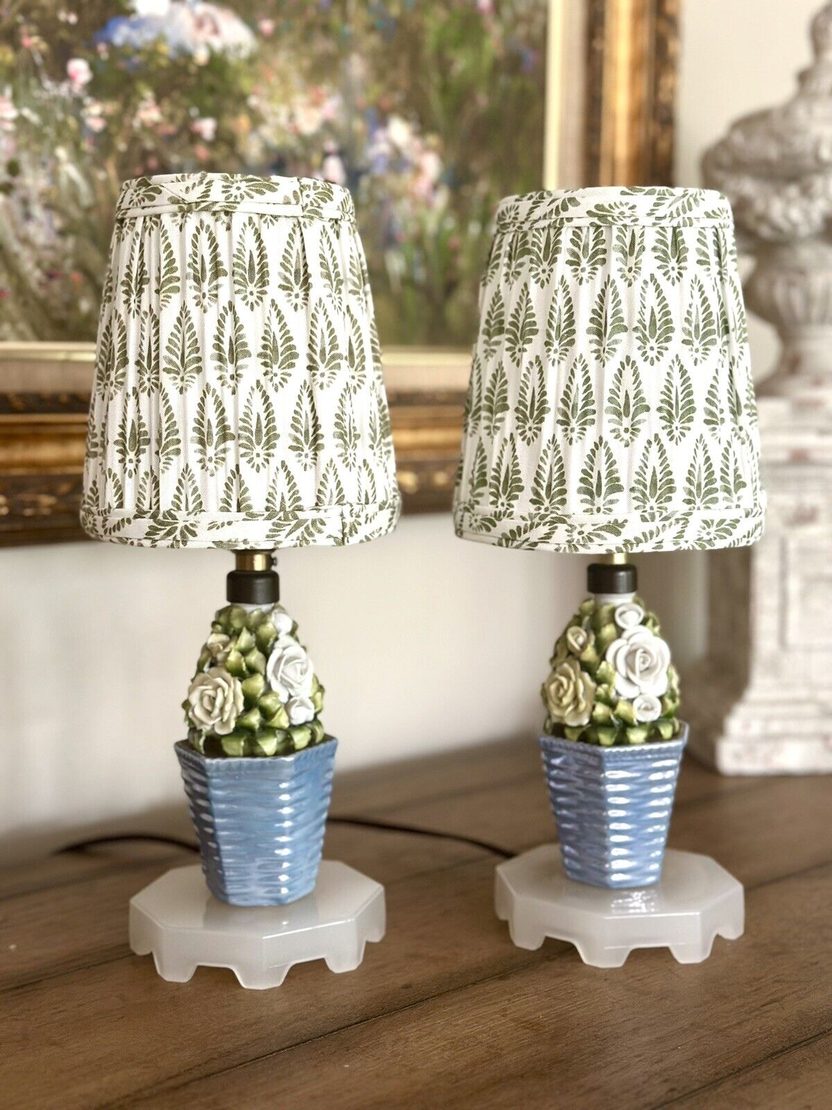Antique Majolica Flower Basket Topiary ElfinWare Lamps / Ballard Design Shades