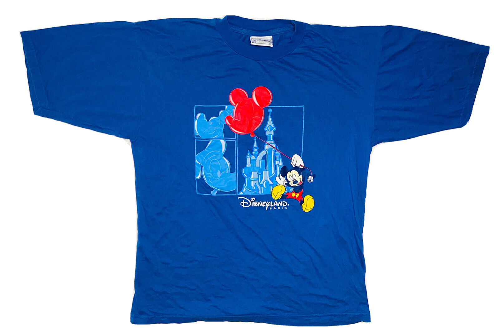 Disneyland Paris Men's Blue Mickey Mouse Balloon/Castle Shirt; Size S