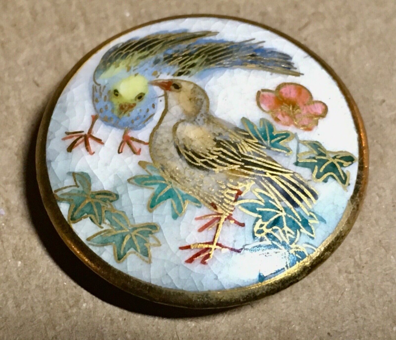 Vintage Satsuma Button Two Doves Together Shank Signed