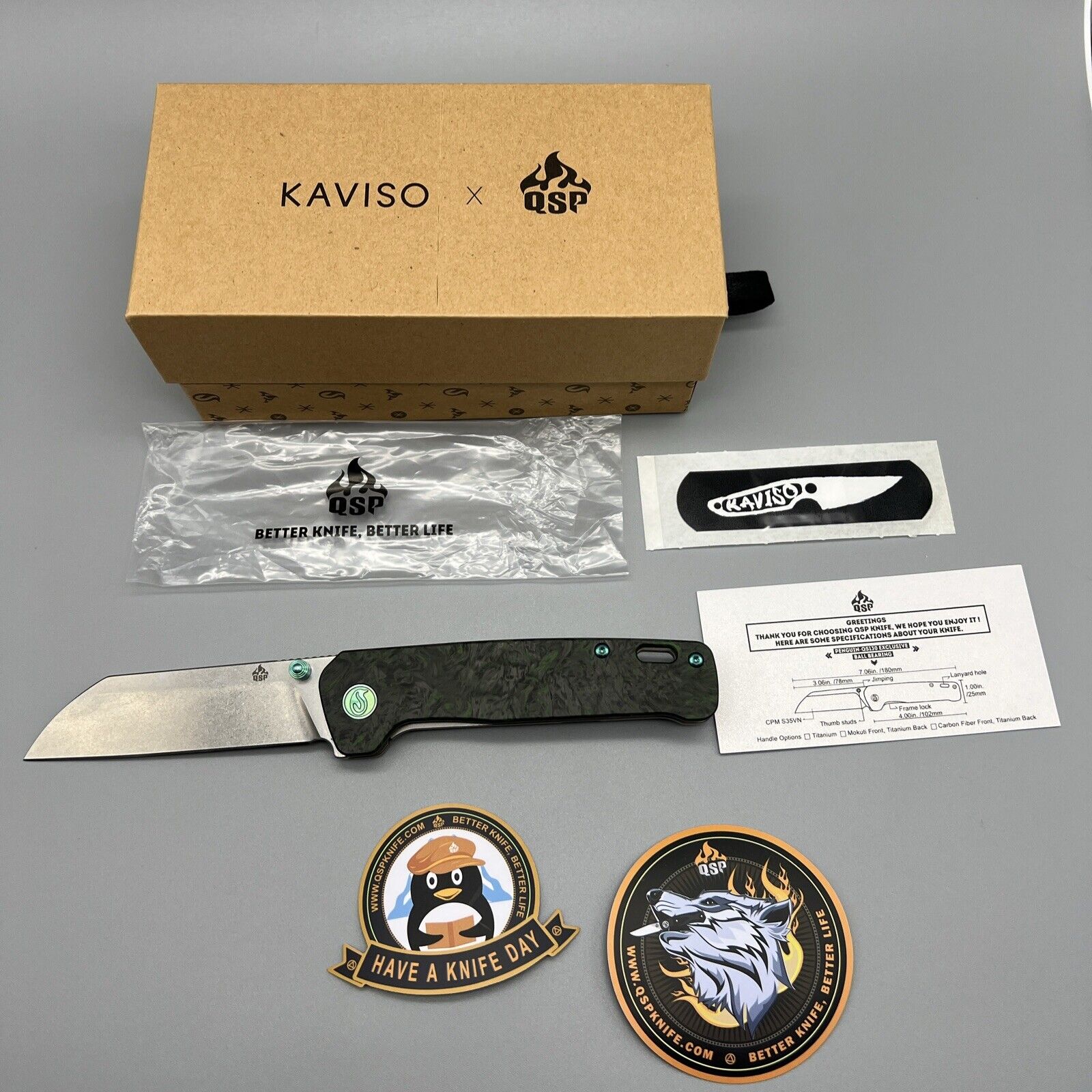 Kaviso QSP Penguin Fatcarbon Green Dark Matter Framelock S35VN Ti Knife Read