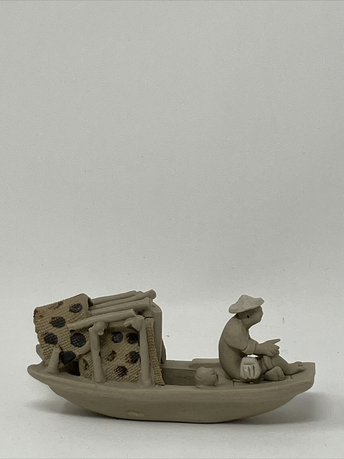 Asian Chinese Bonsai Miniature Mud Man Fisherman Sampan Boat & Hut Figurine