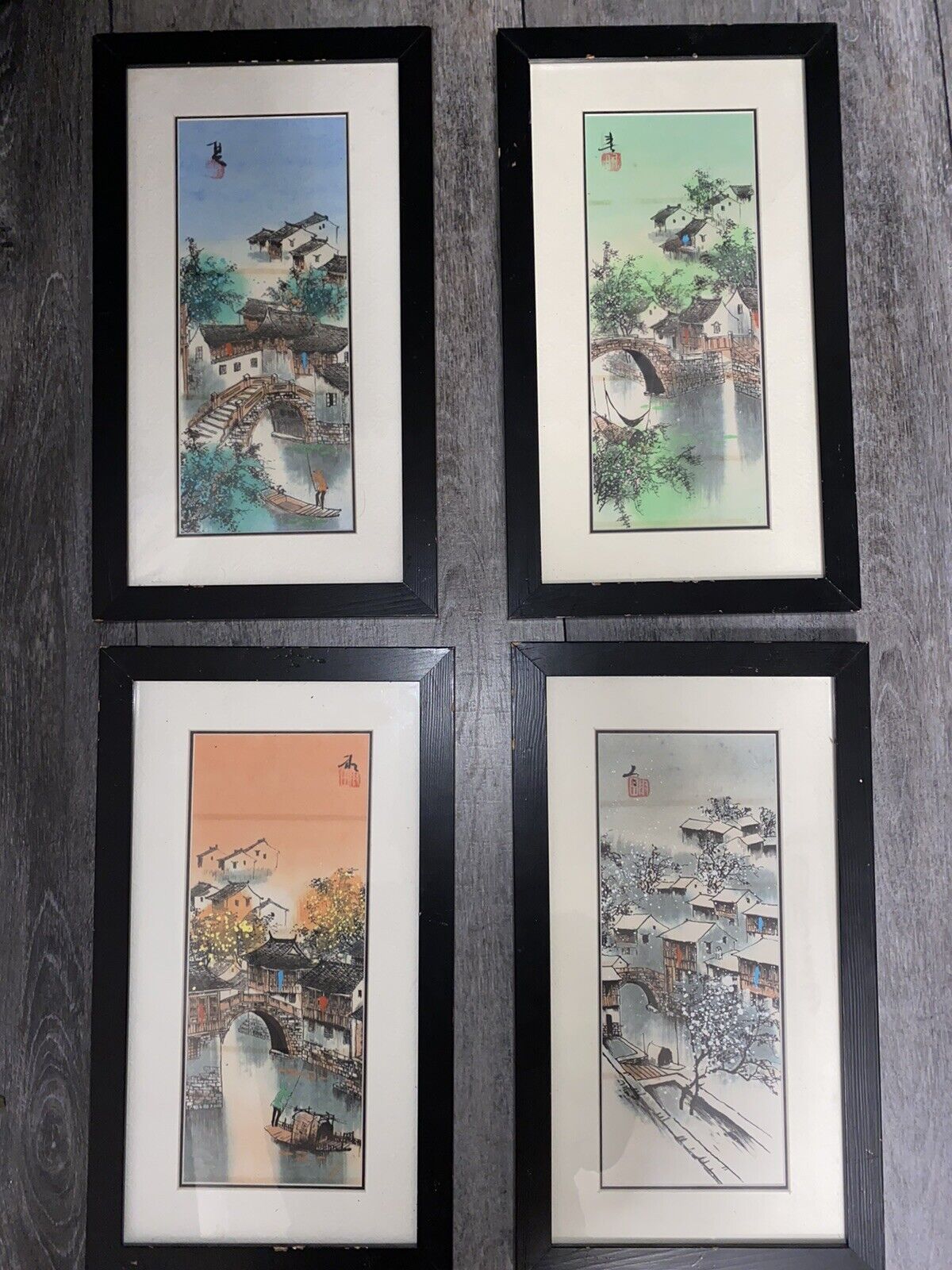 Chinese Art Four Seasons 4 Art Panels Stamped 13”x7
