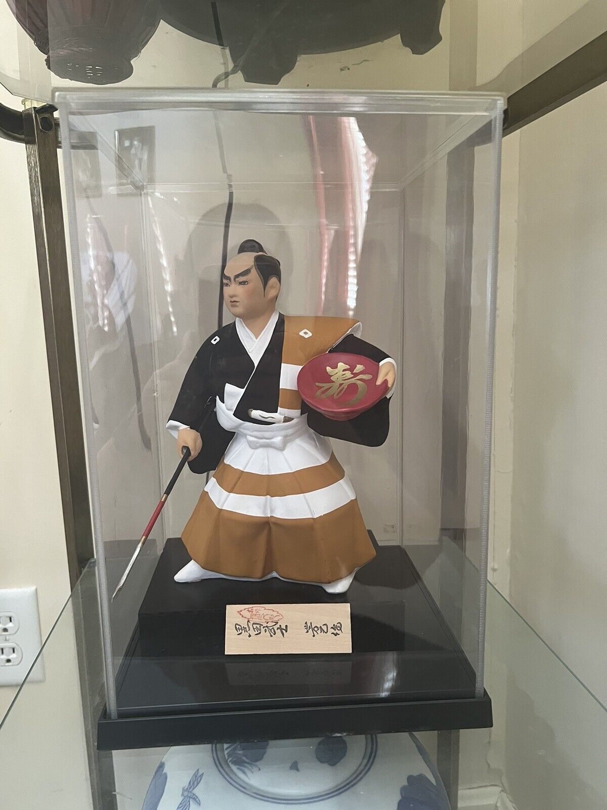 Vintage Japanese Hakata Doll, Samurai Figurine with wood stand and plastic case