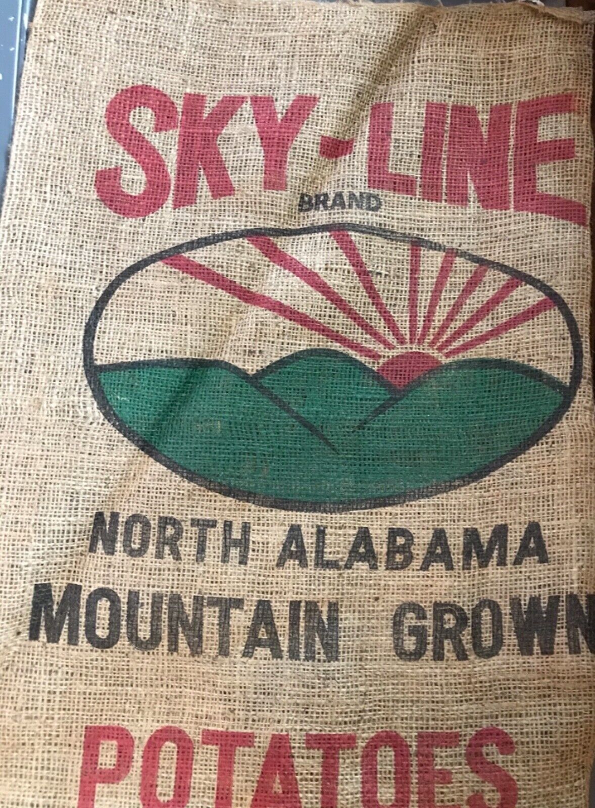 Vintage Burlap Bag Potatoe Sack, NOS 50 lb Graphic, Skyline Alabama Mountain