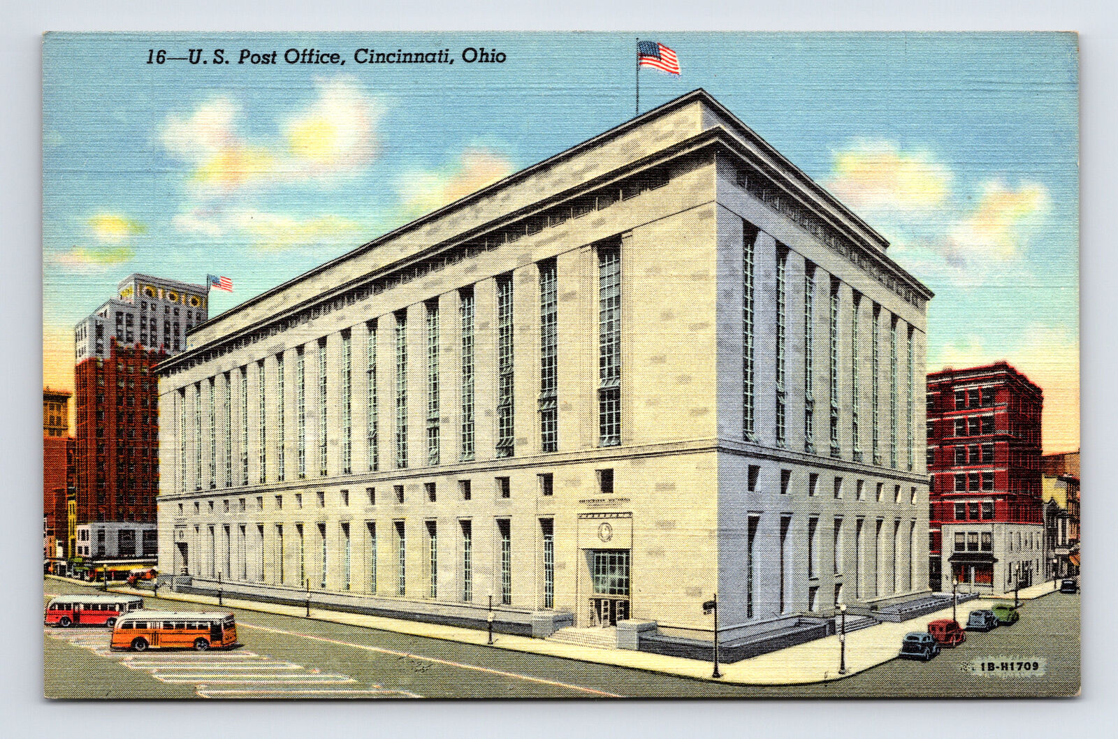 c1941 Linen Postcard Cincinnati OH Ohio Post Office Cars Busses