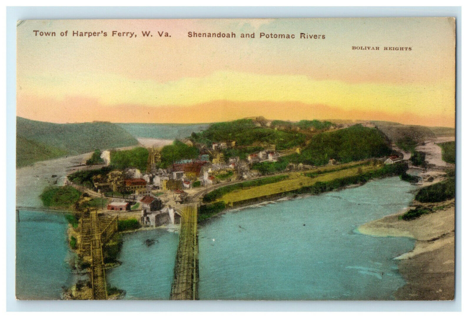 c1920s Hand Colored Shenandoah River Harpers Ferry West Virginia WV Postcard