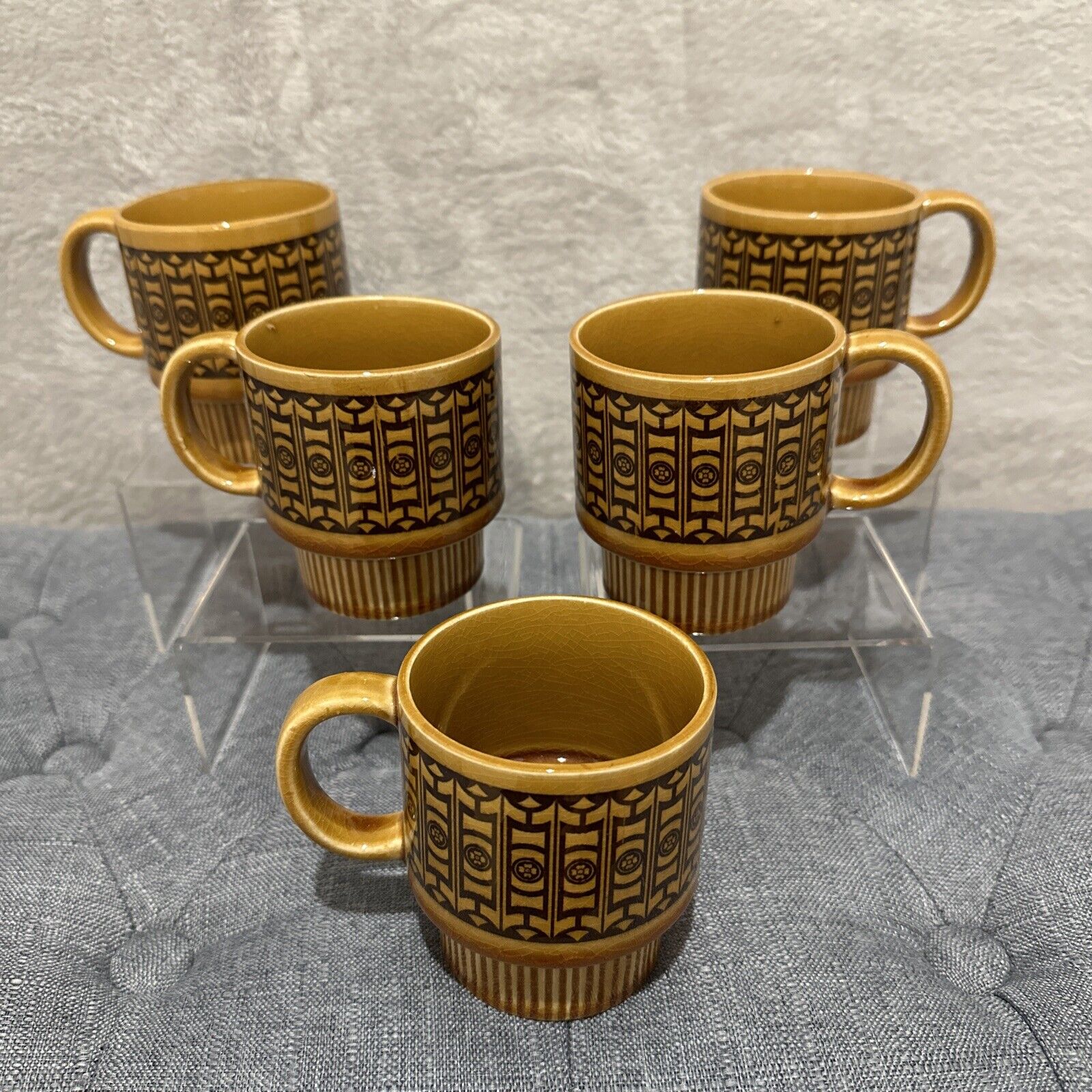 Vintage MCM Stackable Coffee Mugs Cup Ceramic Japan Brown Gold Set of 5 Tiki