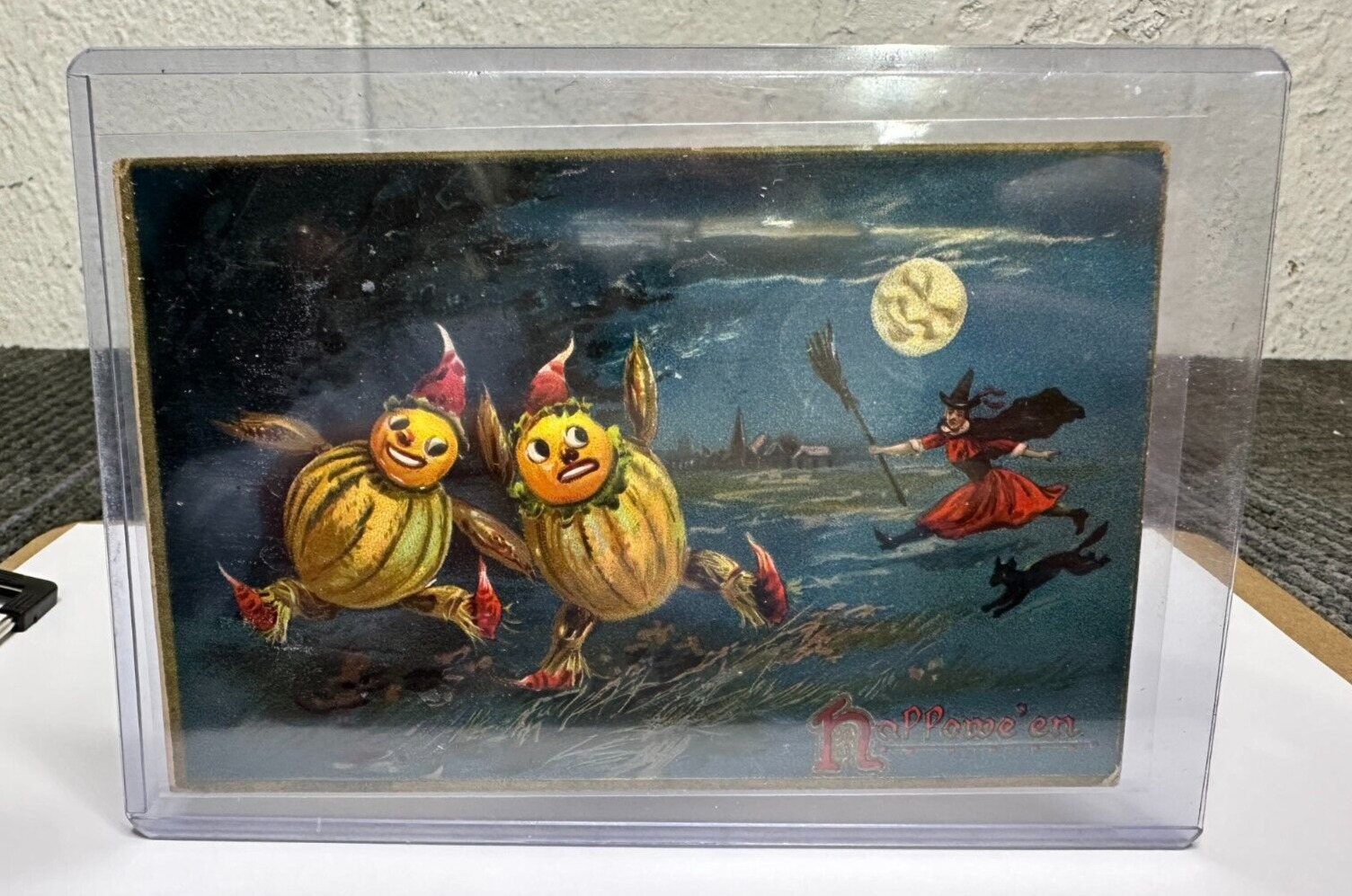Antique Postcard 1908 Raphael Tucks Happy Halloween Pumpkins RED Witch Black Cat