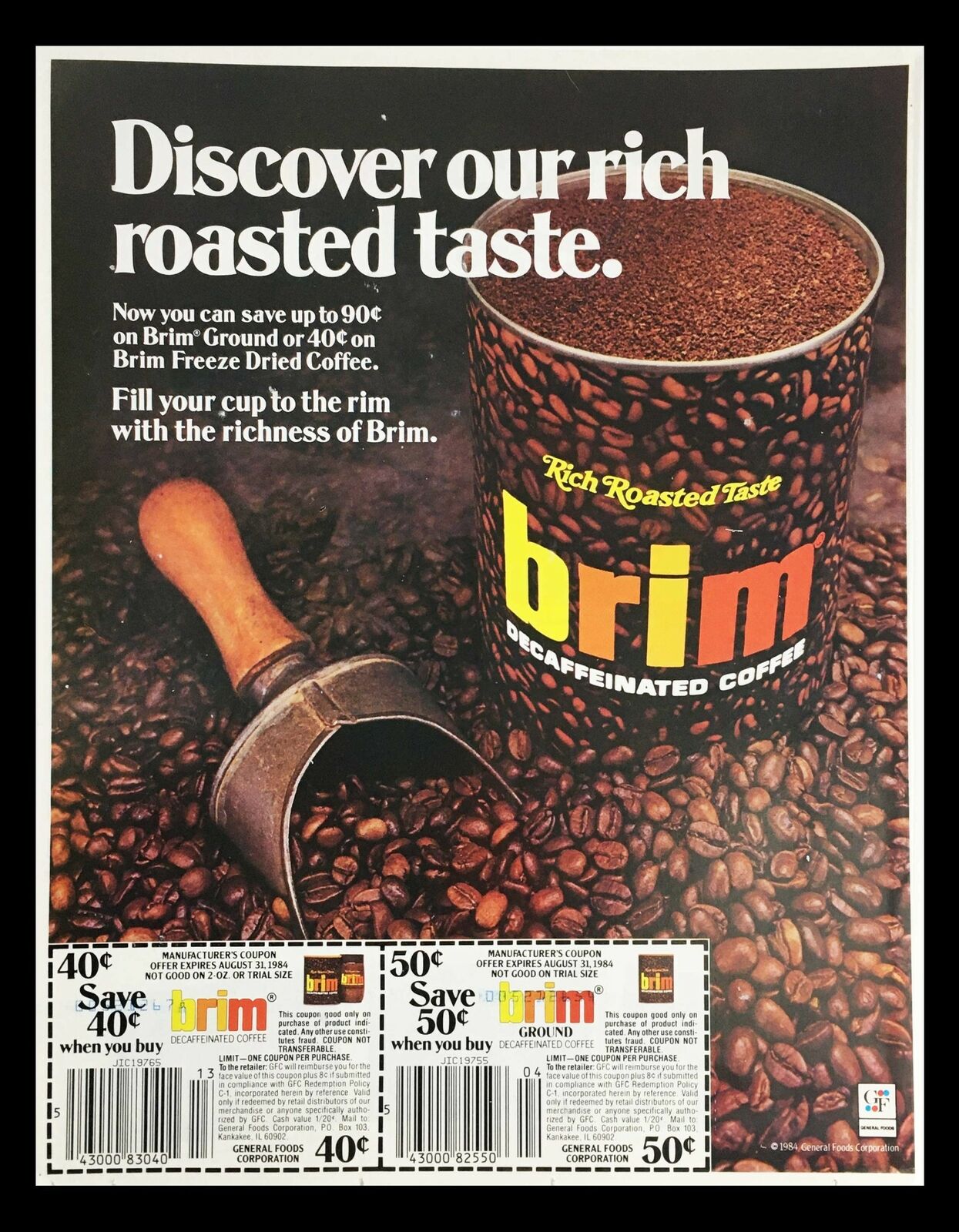 1984 Rich Roasted Taste Brim Decaffeinated Coffee Circular Coupon Advertisement