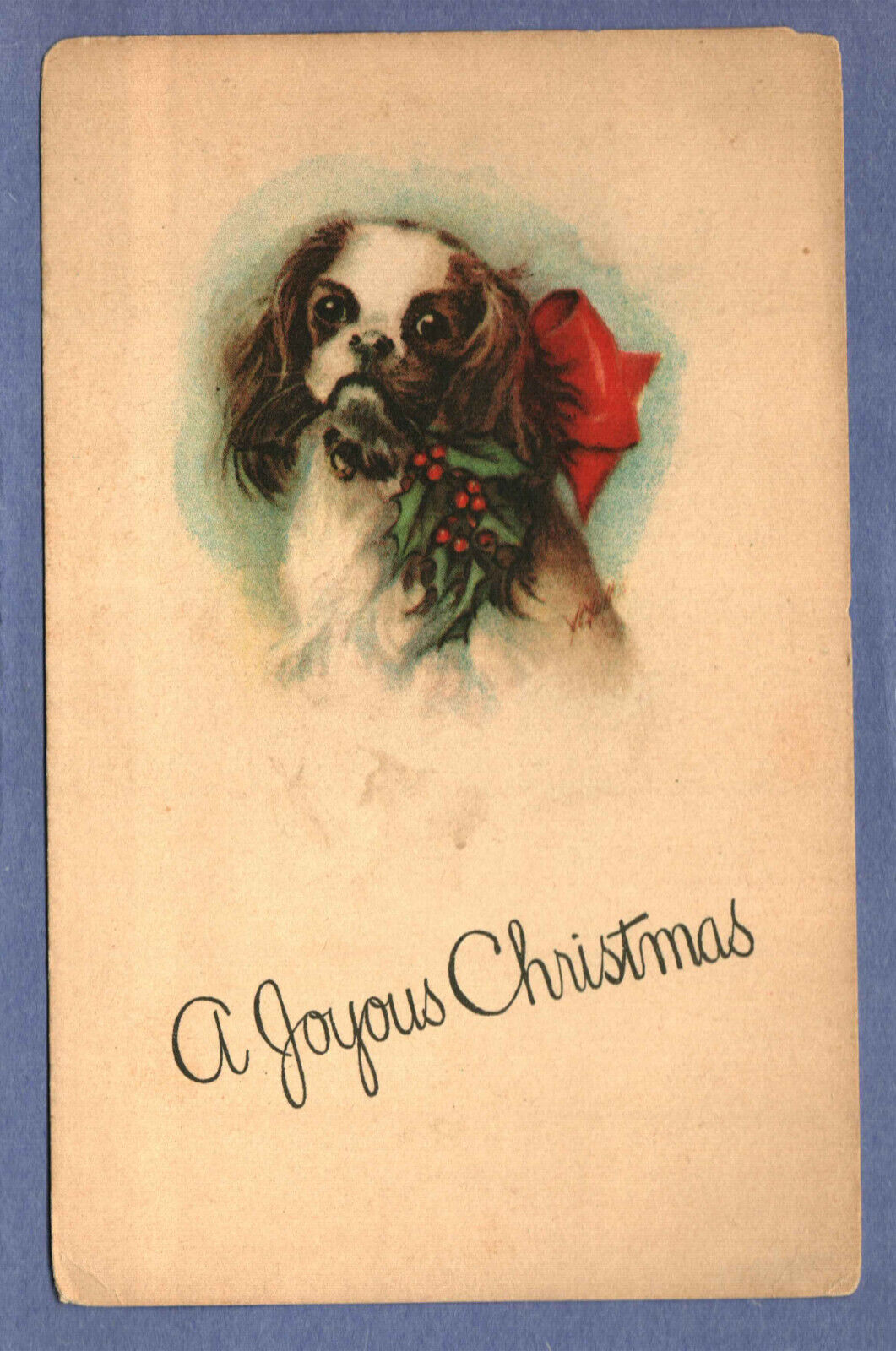 Postcard A Joyous Christmas Greeting Card With Dog And Holly Collar