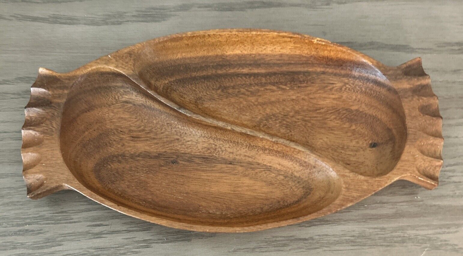 VTG Mid Century Leilani Genuine Monkey Pod Wood Dish 2-Section Snack Bowl