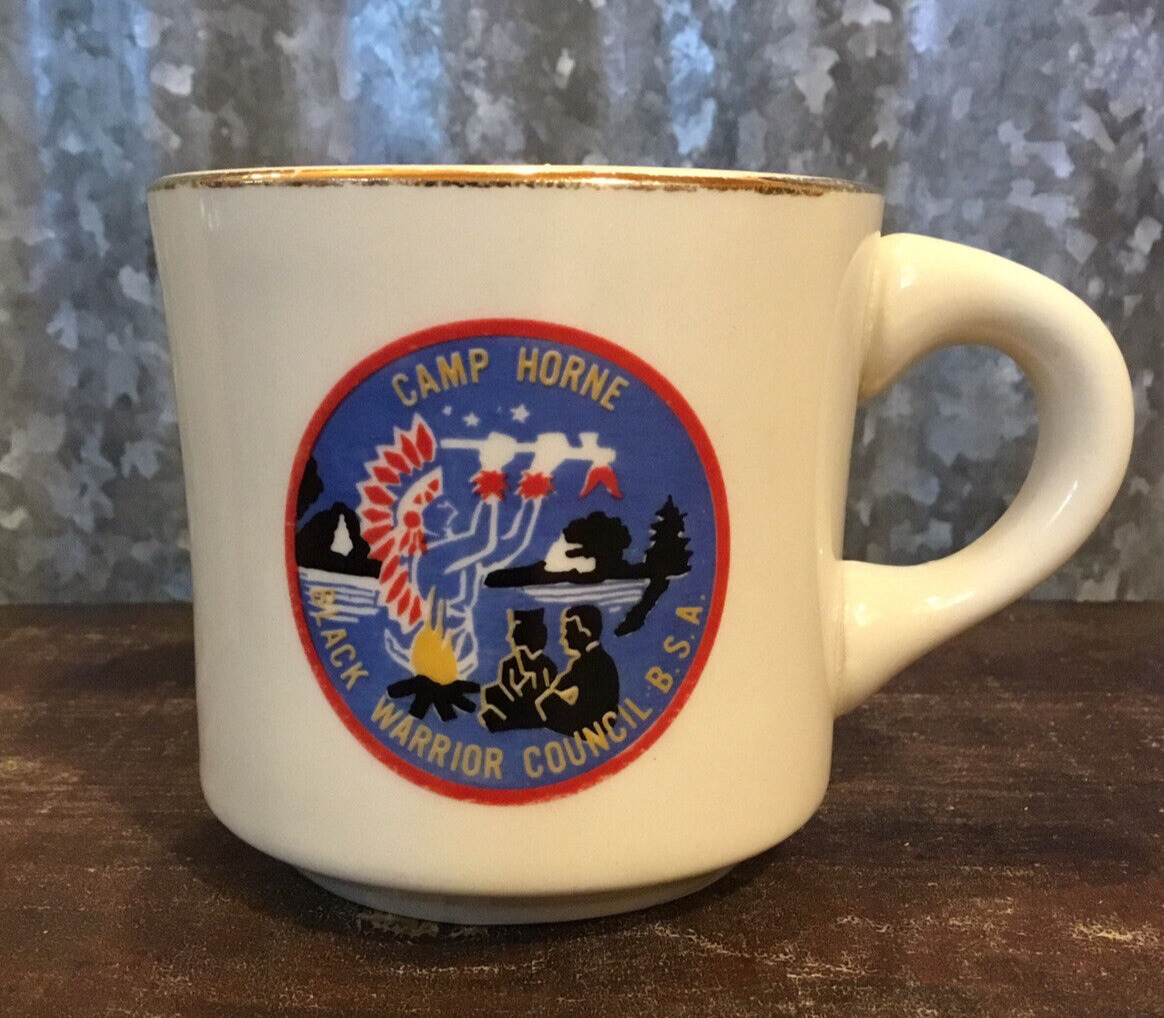 Vintage BSA Boy Scouts Coffee Mug Cup CAMP HORNE Black Warrior Council Camp Fire