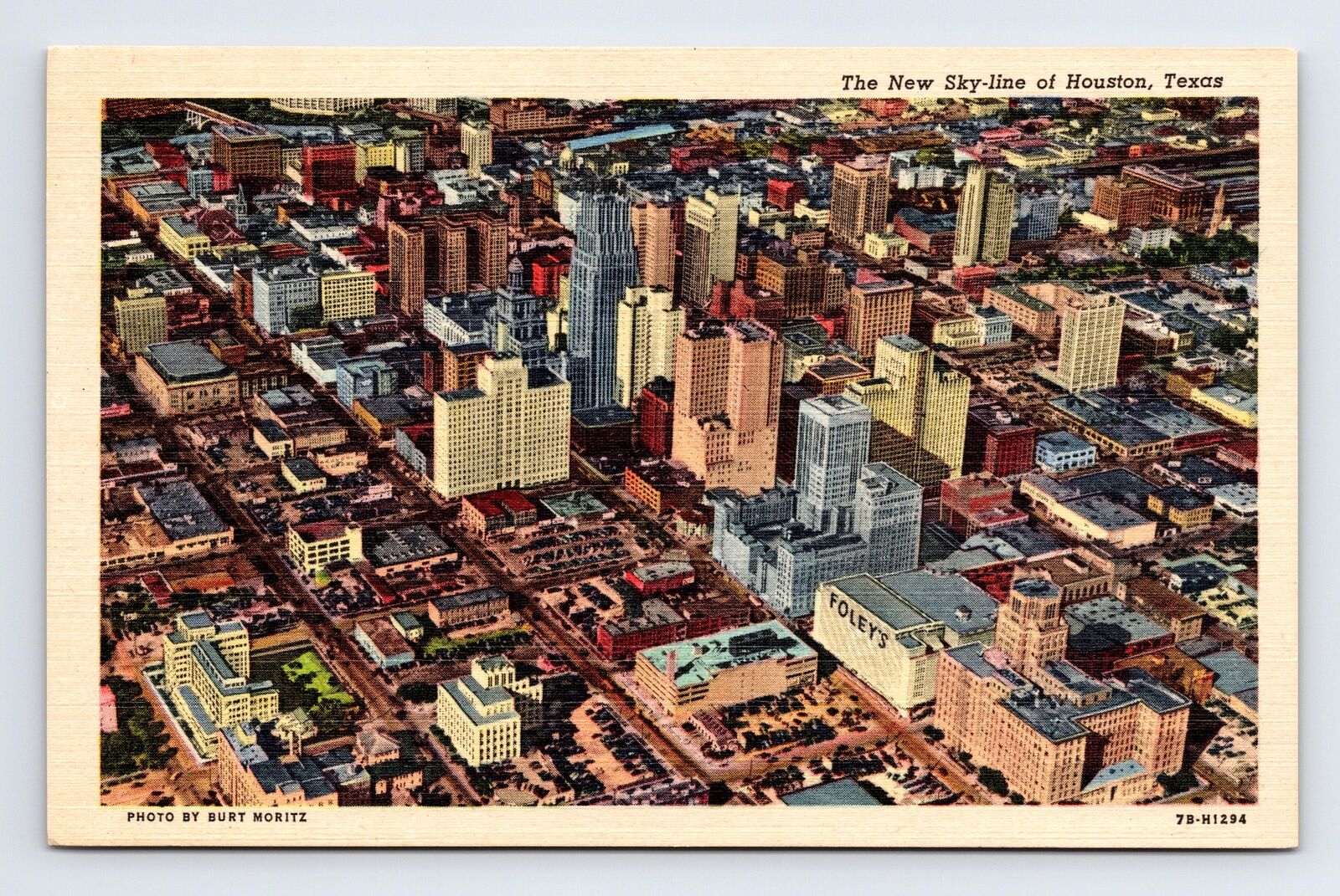 c1947 Linen Postcard Houston TX Texas Aerial Bird's Eye View Down New Skyline