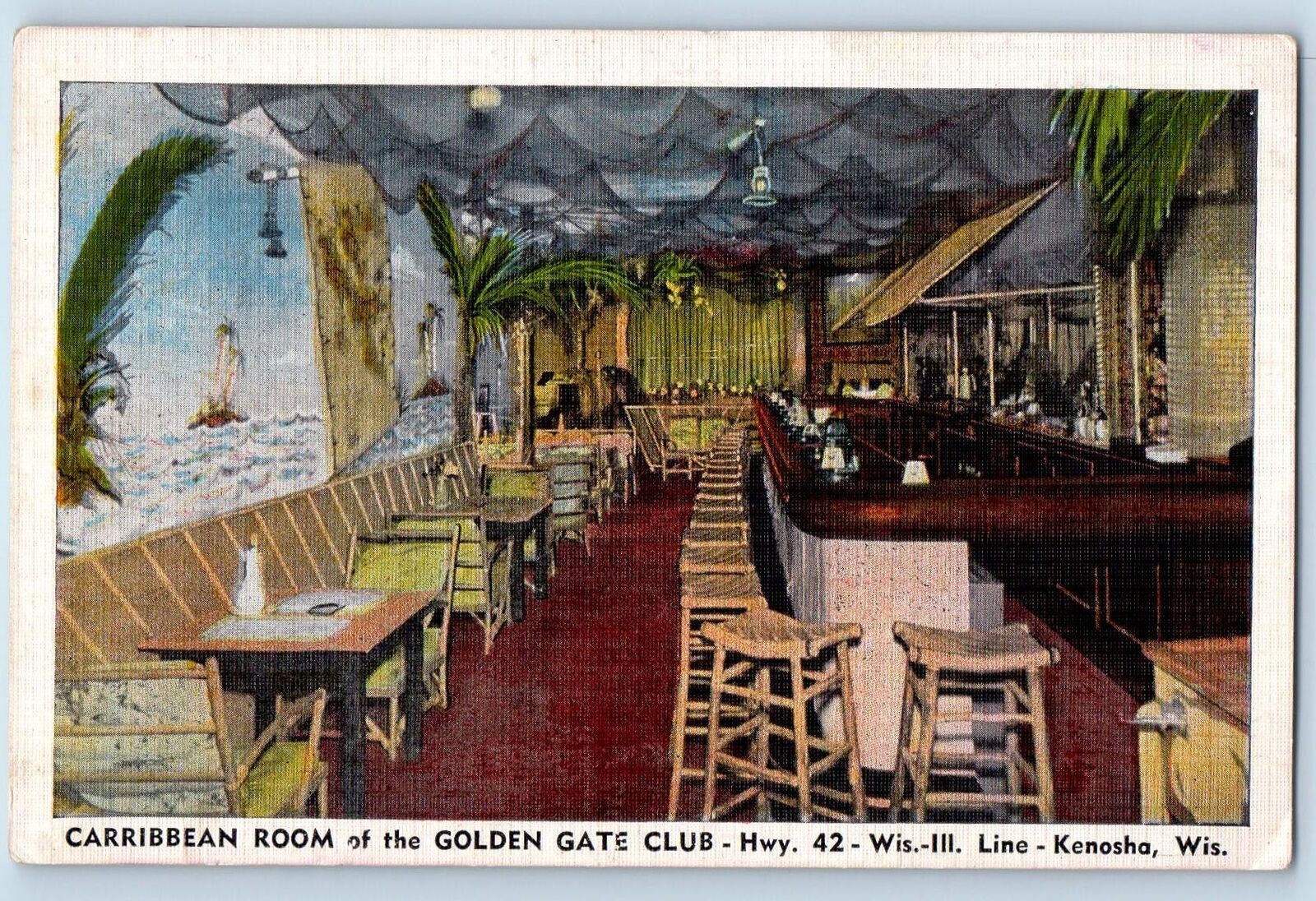 c1940's Caribbean Room Of Golden Gate Club Interior Kenosha Wisconsin Postcard