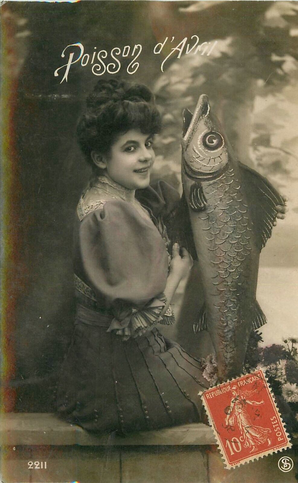 RPPC Postcard C-1910  Woman big ugly fish April fool 23-4837