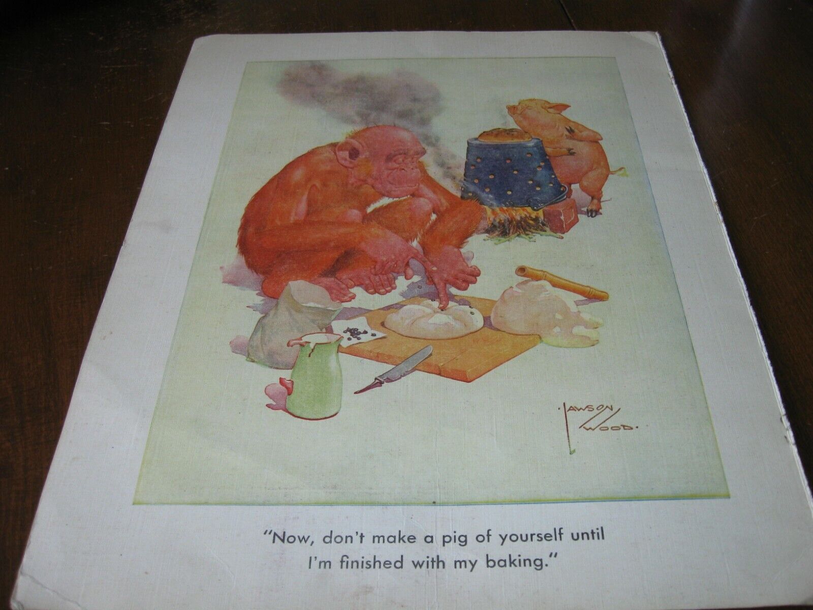 Original 1936 Art Print - LAWSON WOOD MONKEYS Monkey w Pig BAKING BAKER BAKE