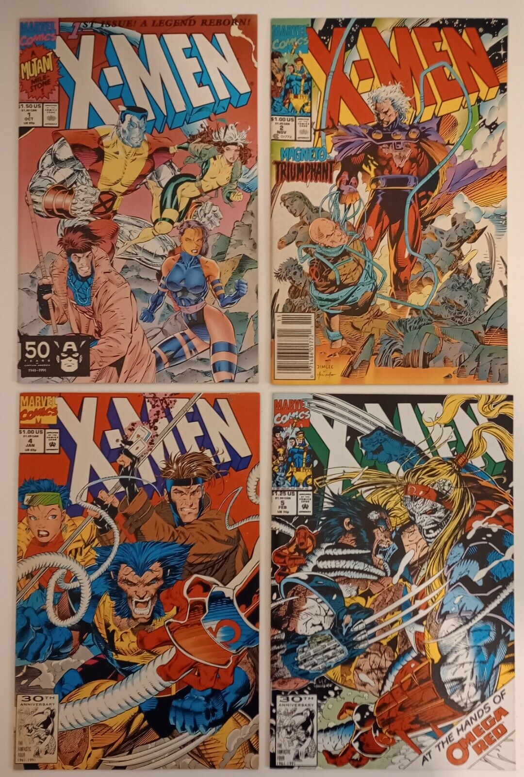  X-men Lot of 4 (1st app of Omega Red) Jim Lee  1991 Issues #1, 2, 4, & 5 Keys