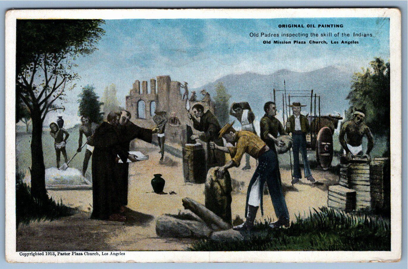 Postcard~ Padres Inspecting Skill~ Mission Plaza, Los Angeles, California~ CA