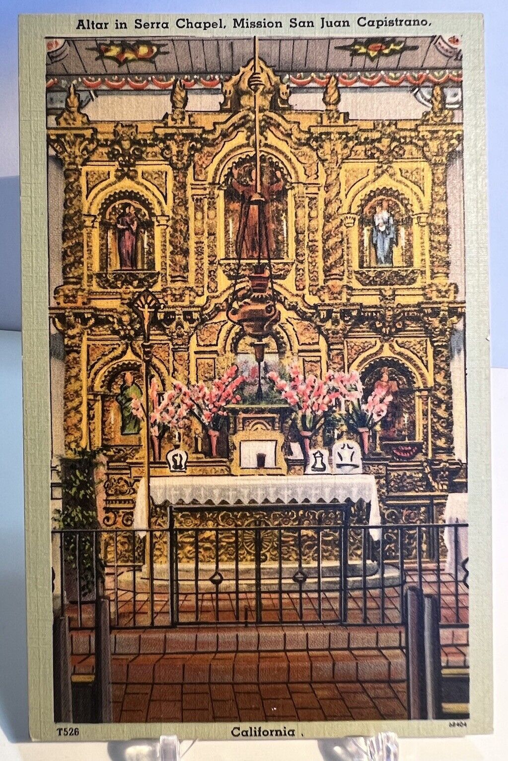 Altar in Serra Chapel, Mission San Juan Capistrano CA c1934 Teich Linen Postcard