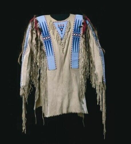 Old Style Beige Buckskin Suede Hide Fringes Beaded Powwow War Shirt NHS07