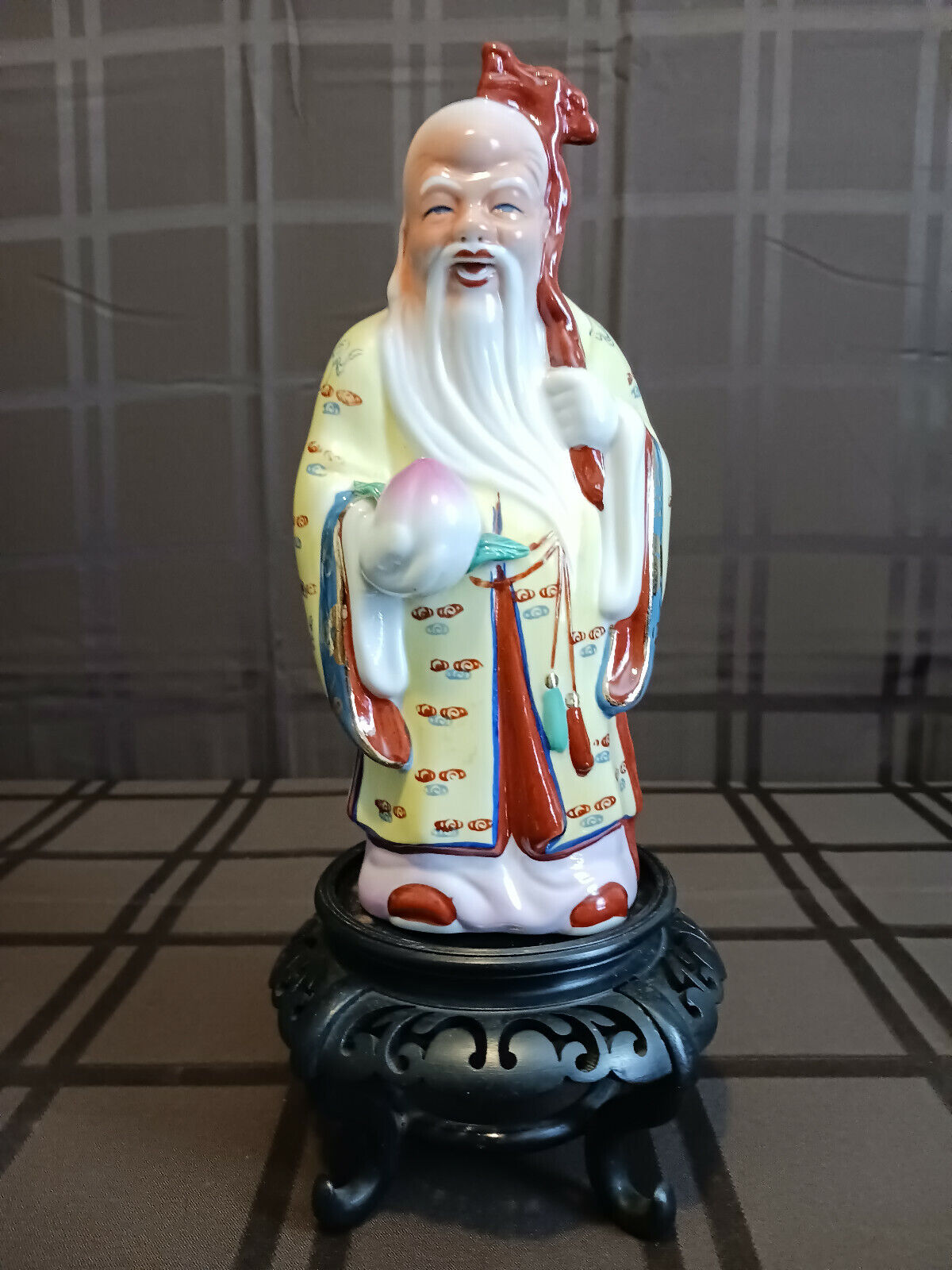 Chinese Porcelain Figurine God Of Longevity On Wood Stand VGC