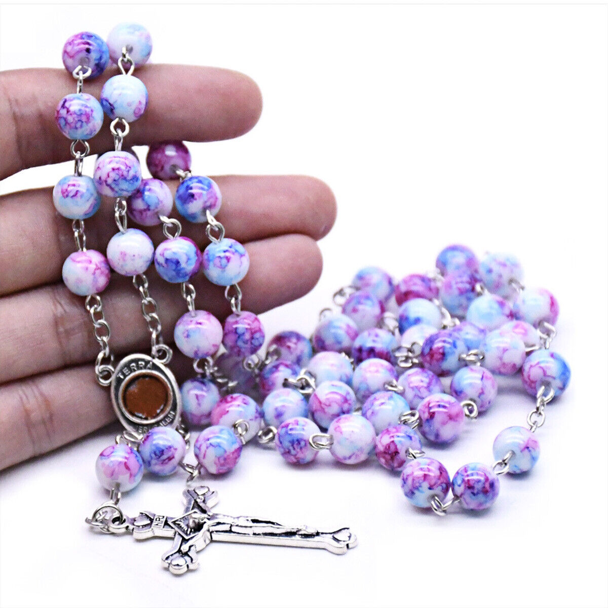 Cross Rosary Purple Glass Beads Catholic Holy Soil Center Crucifix Necklace