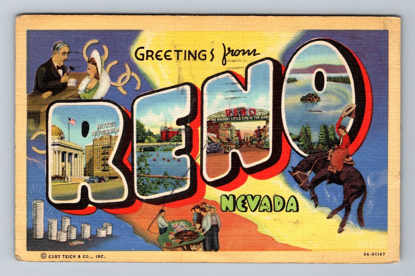 Reno NV-Nevada, LARGE LETTER Greetings, c1945, Vintage Postcard